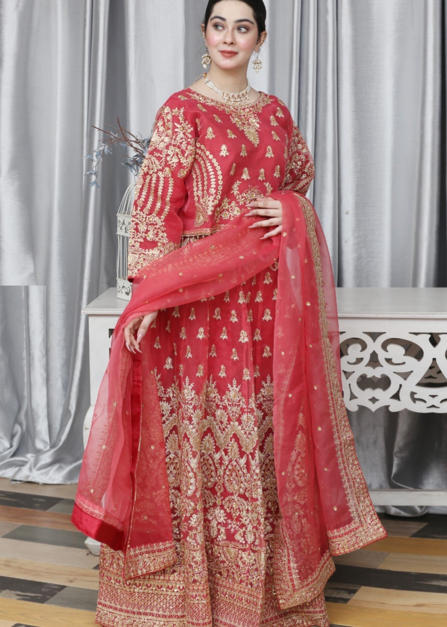 organza Lehenga in Spicy red
