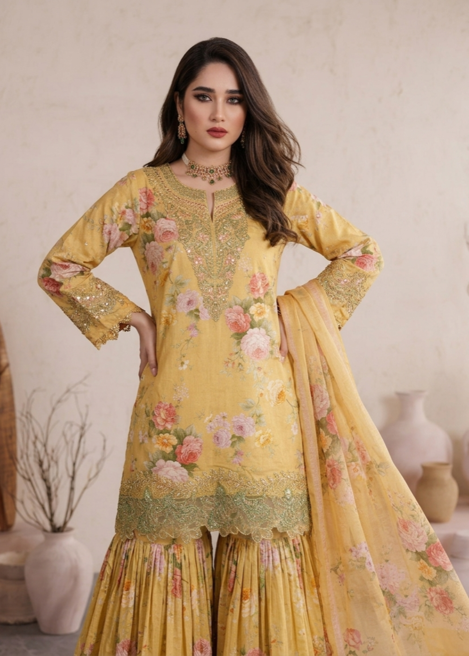 lawn Gharara in Yellow