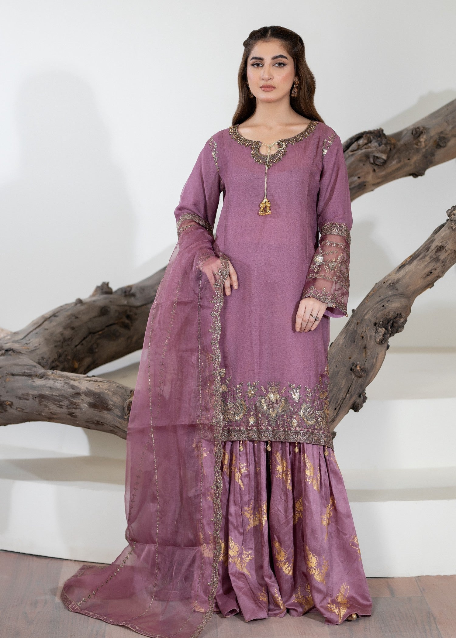 chiffon Gharara in Mauve pink
