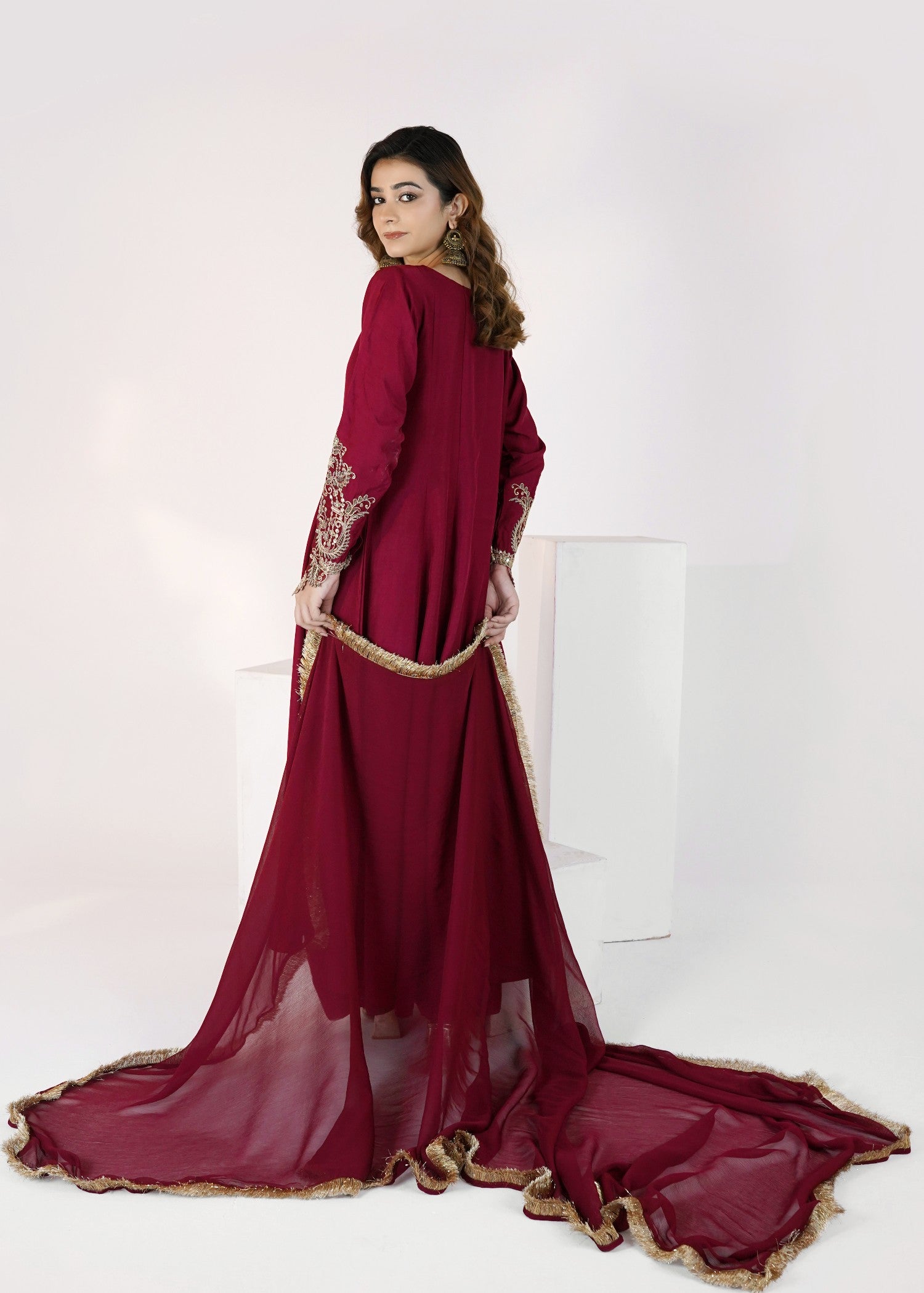 korean raw silk Maxi in Crimson