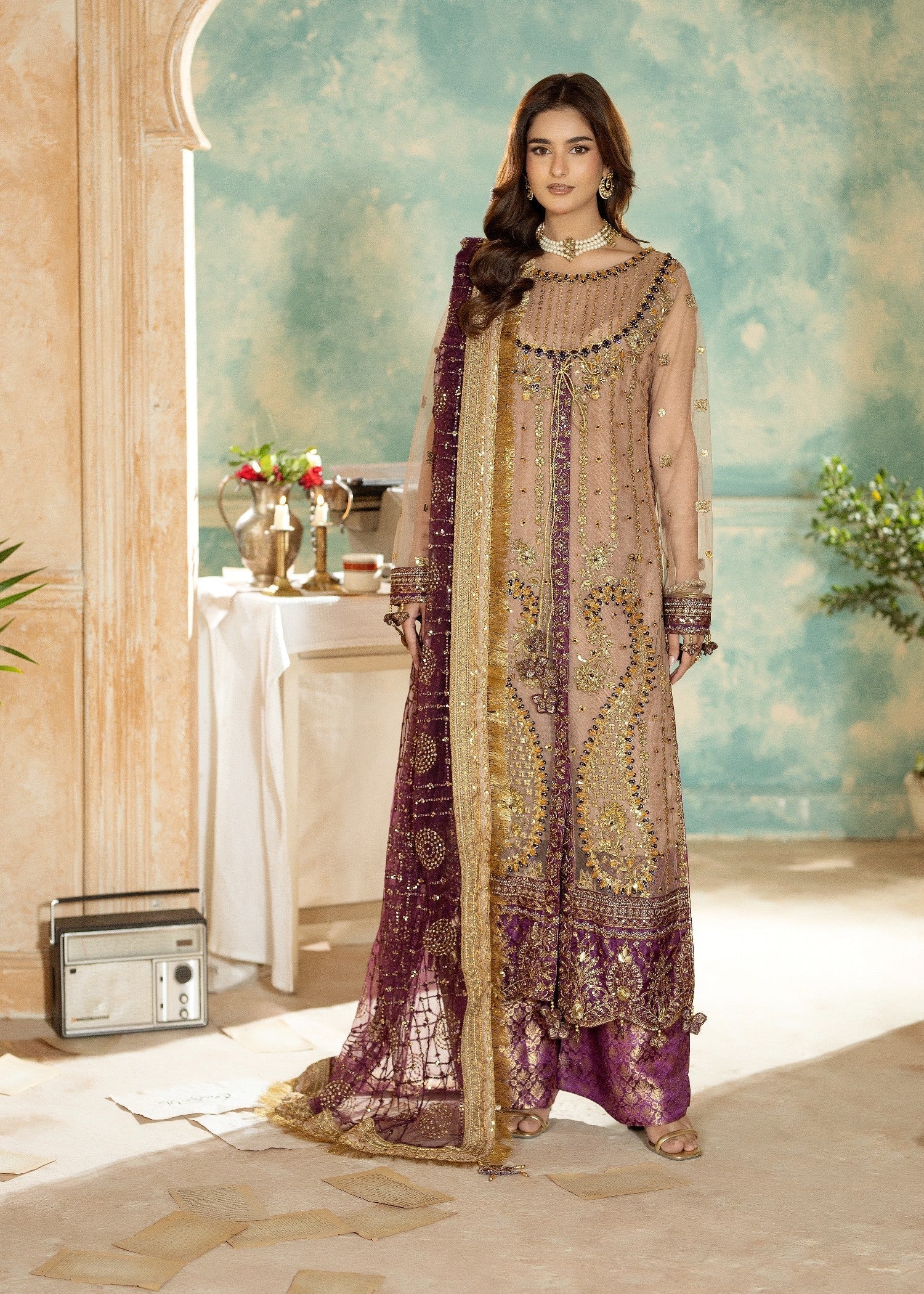 net Kurta Set in Peach pink