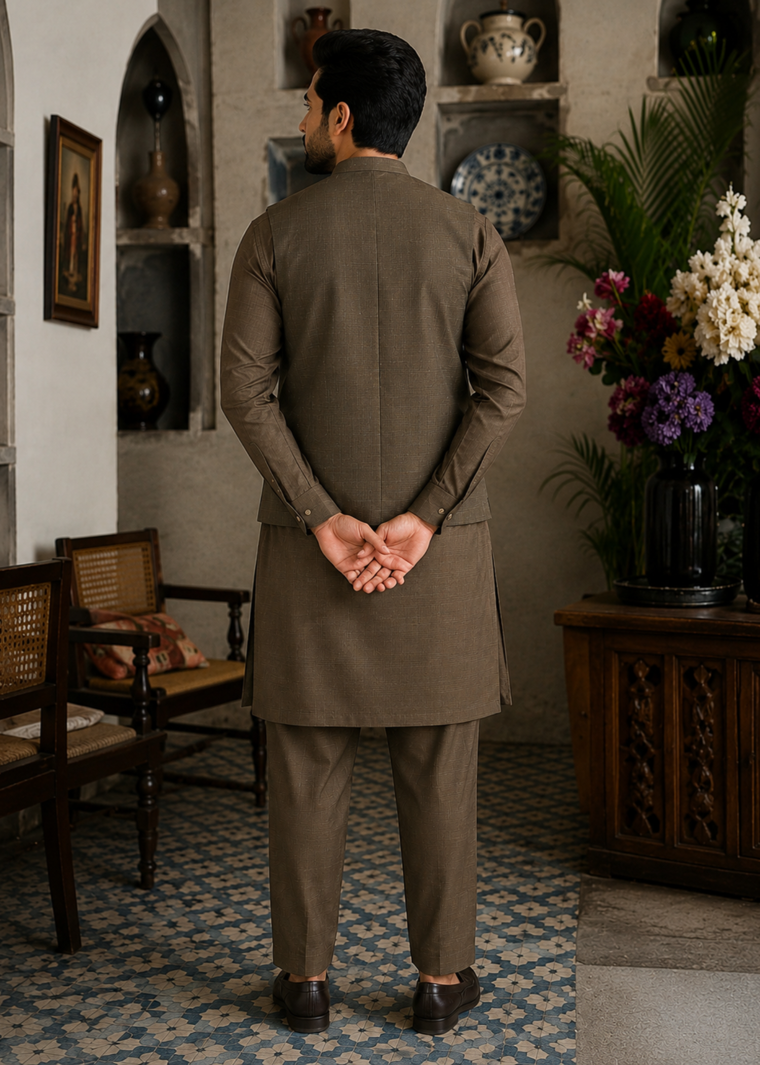 textured wash & wear Waistcoat in Olive green