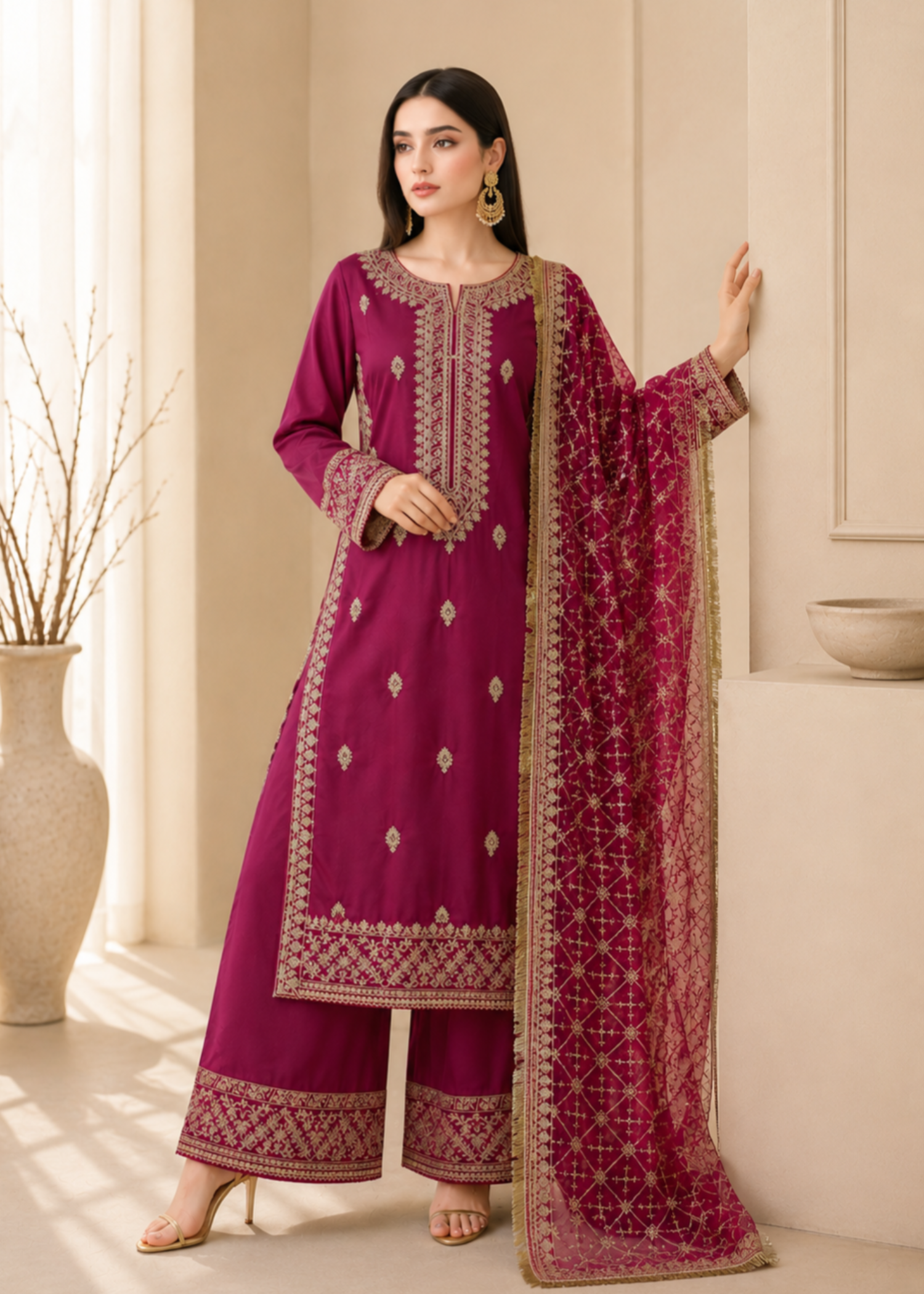 kattan silk Kurta Set in Deep pink