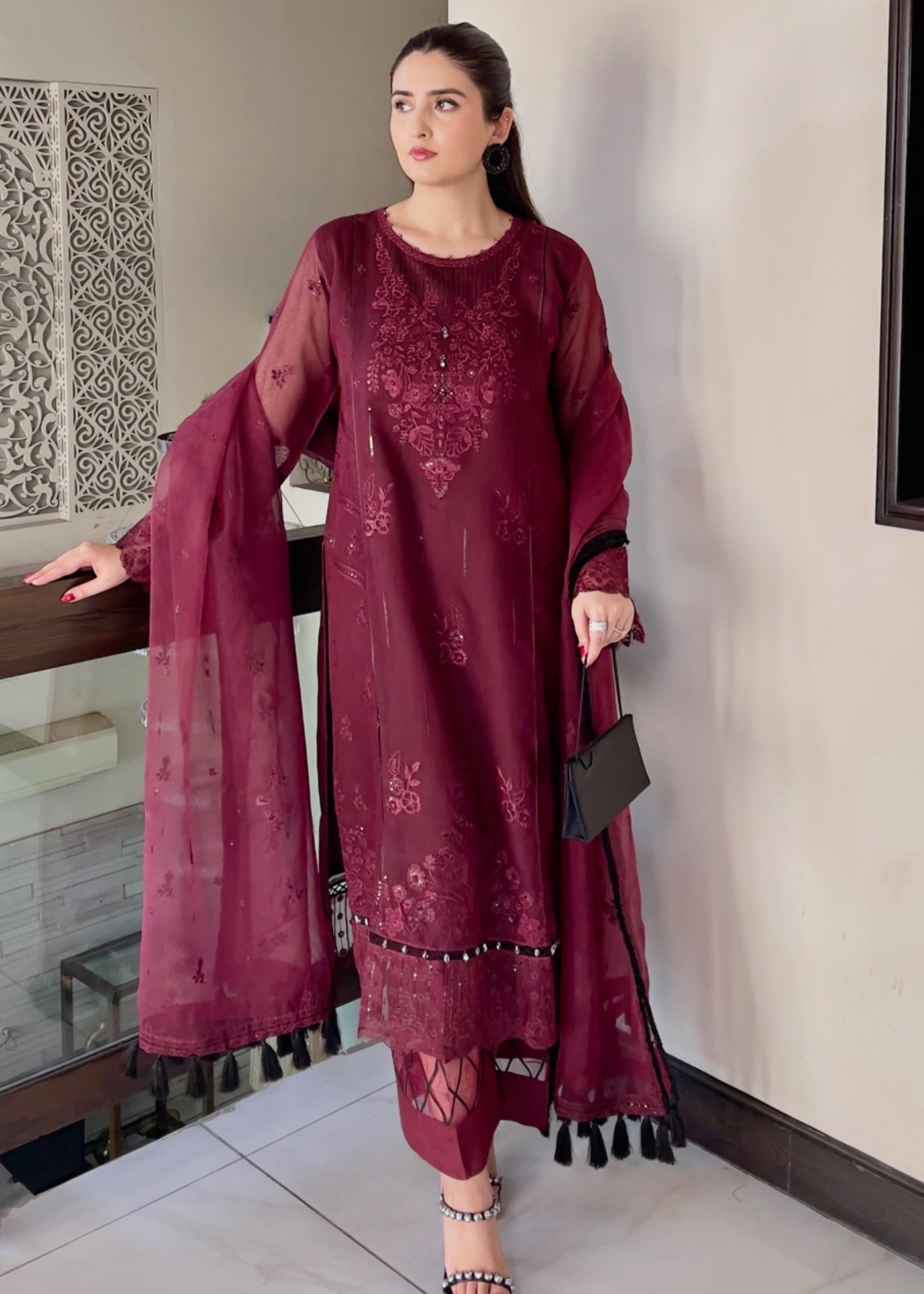 khaddi net Kurta Set in Maroon