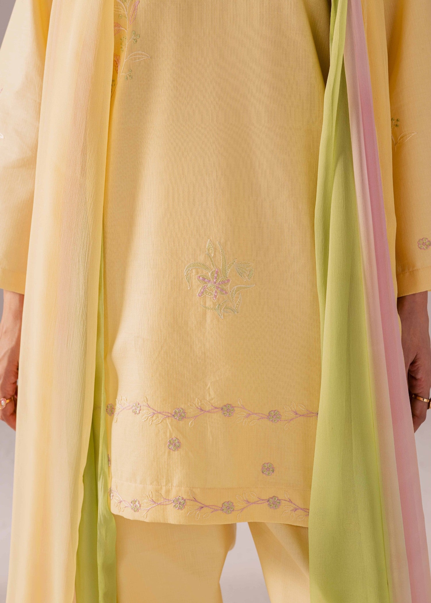 ribbed lawn Kurta Set in Yellow
