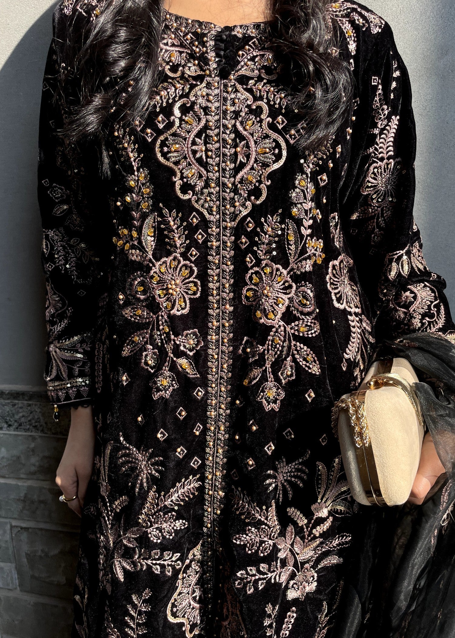 velvet Kurta Set in Black