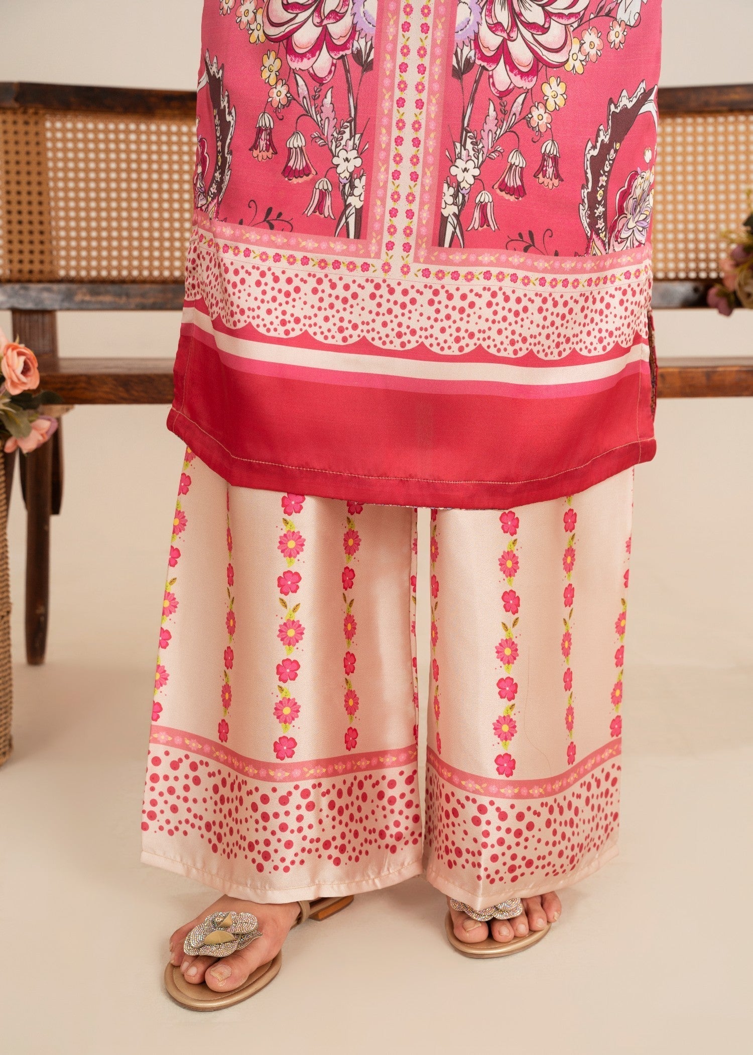 poly lawn Kurta Set in Hot pink red