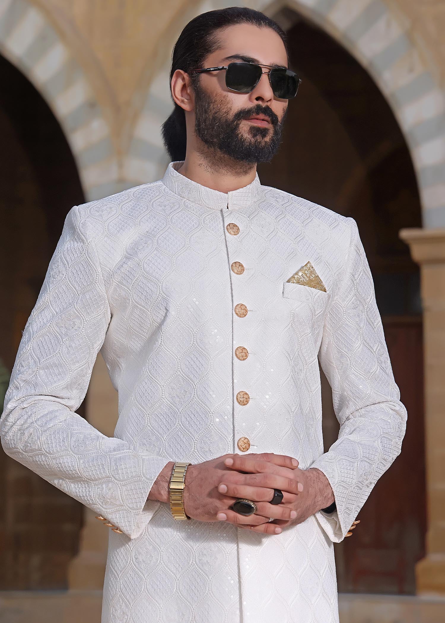 banarsi silk Sherwani in White