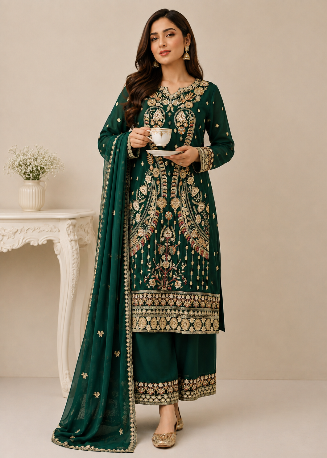 chiffon Kurta Set in Forest green