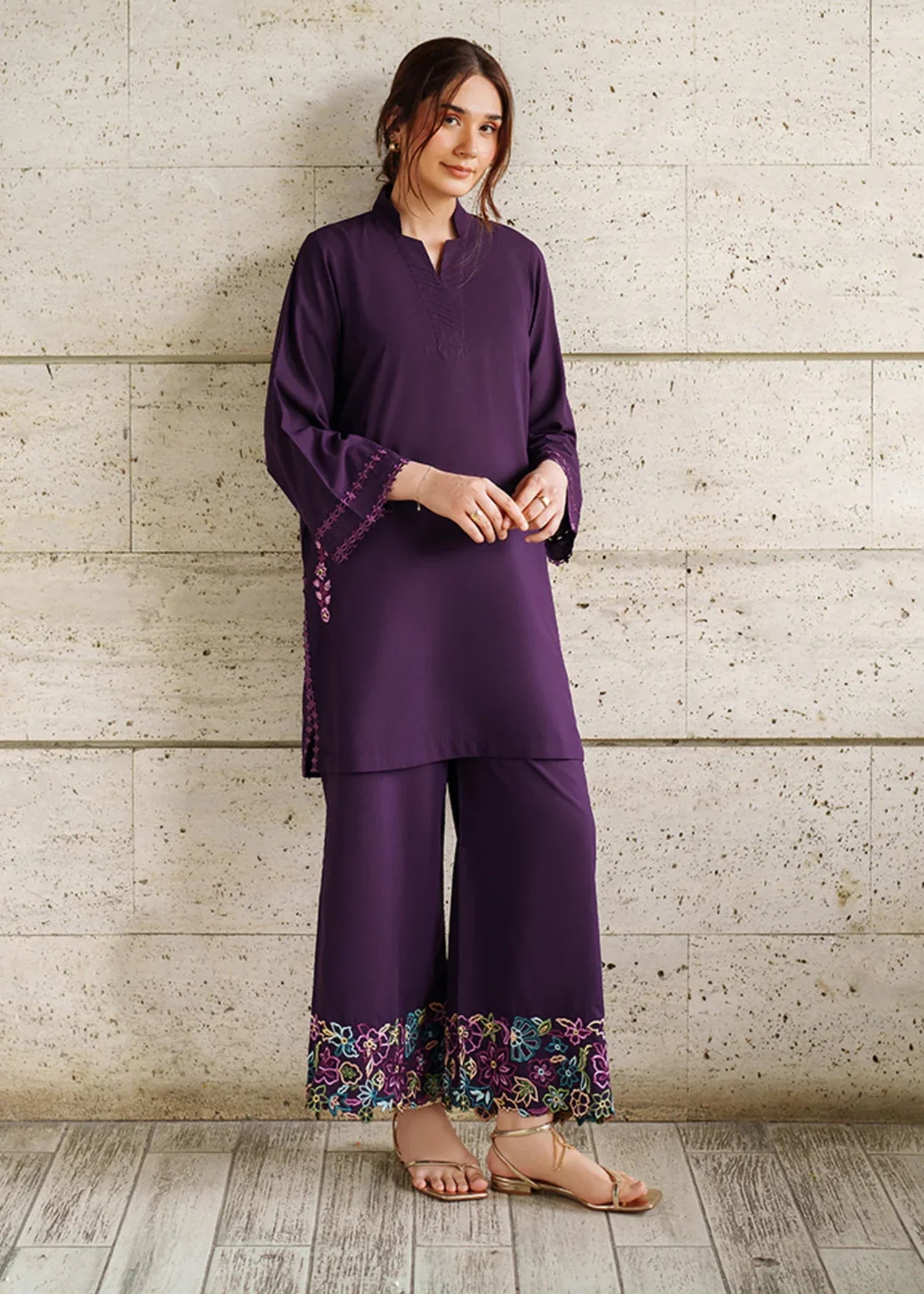 blended satin Kurta Set in Purple