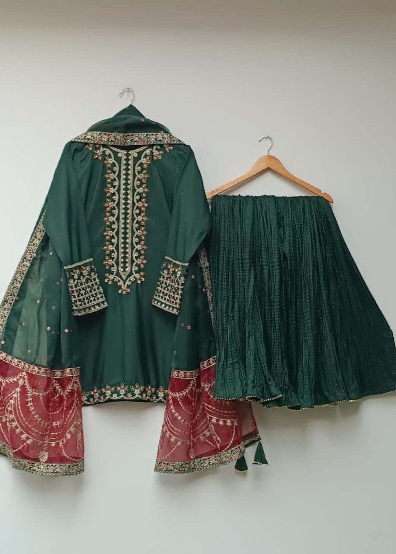 raw silk Sharara in Dark green