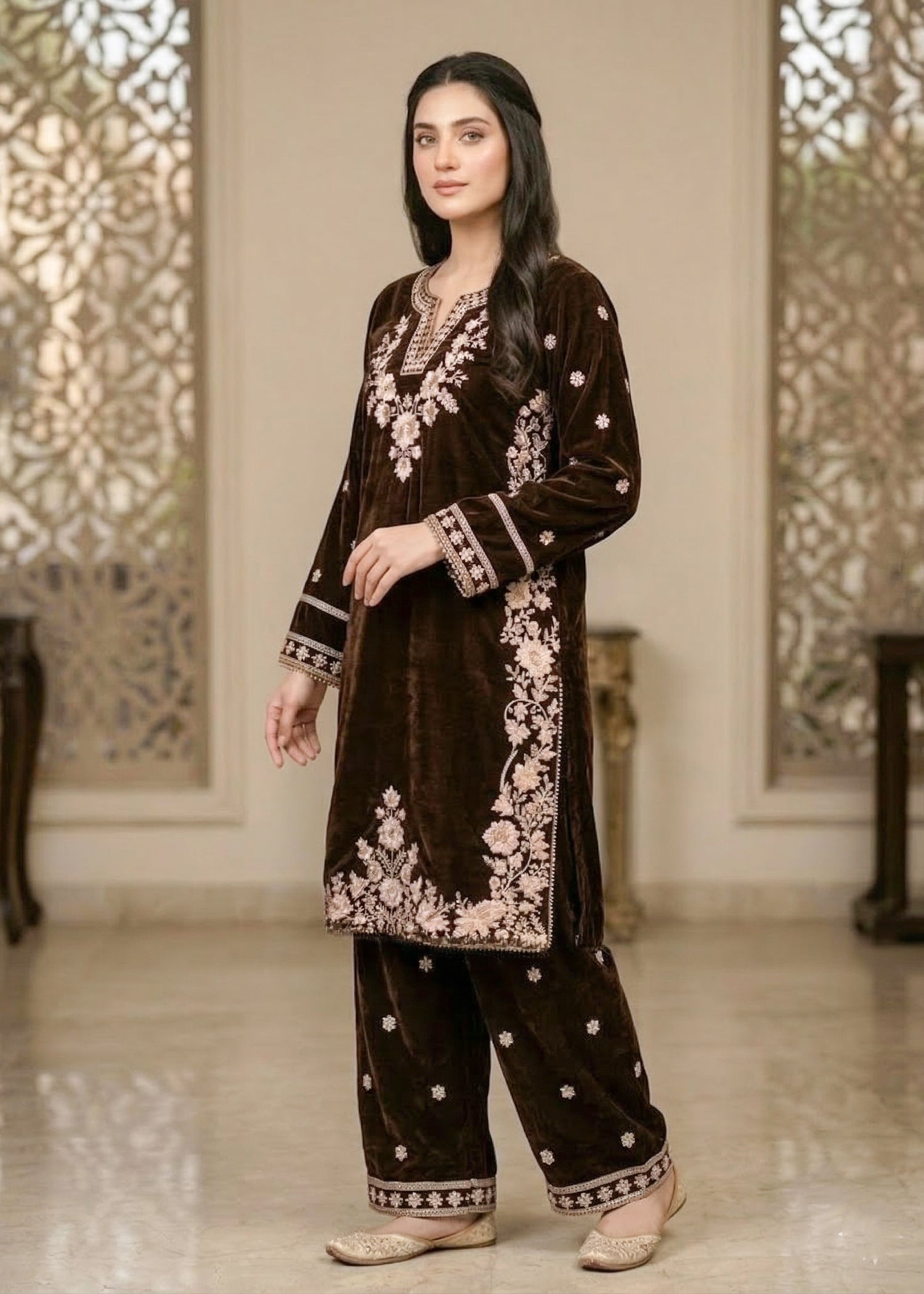 chinese micro velvet 9000 Kurta Set in Walnut brown