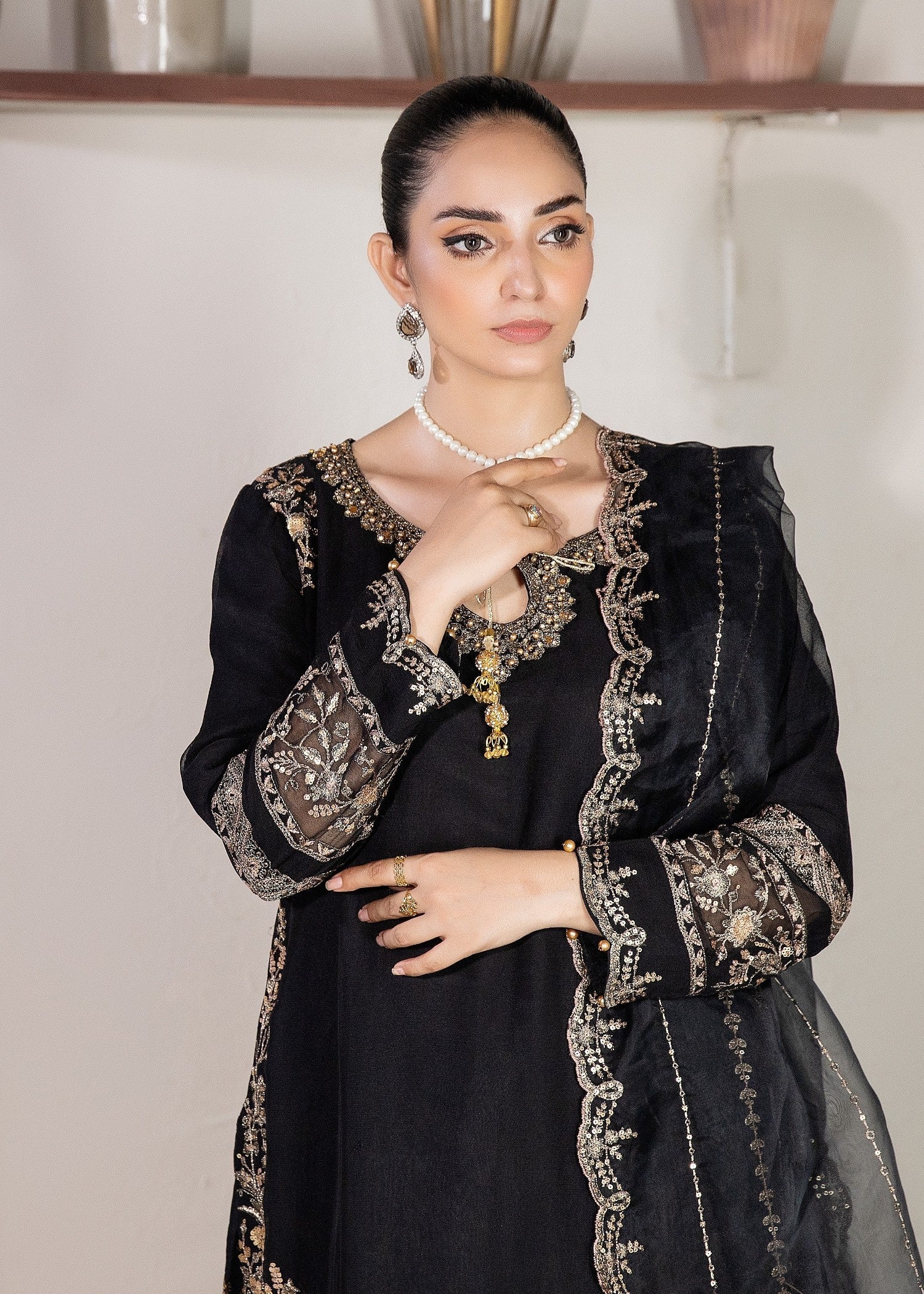 chiffon Gharara in Jet black
