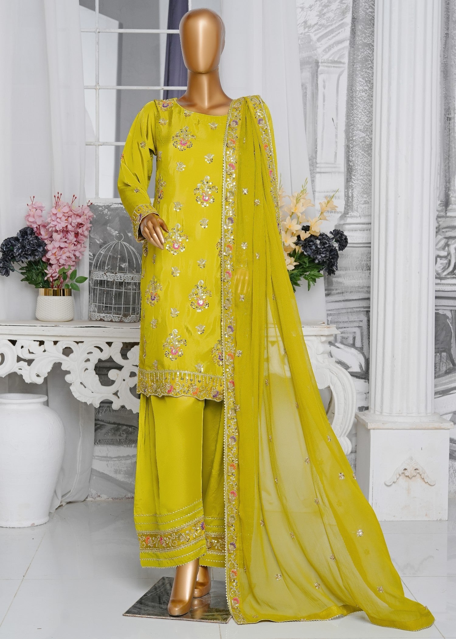 silk crepe Kurta Set in Yellow green