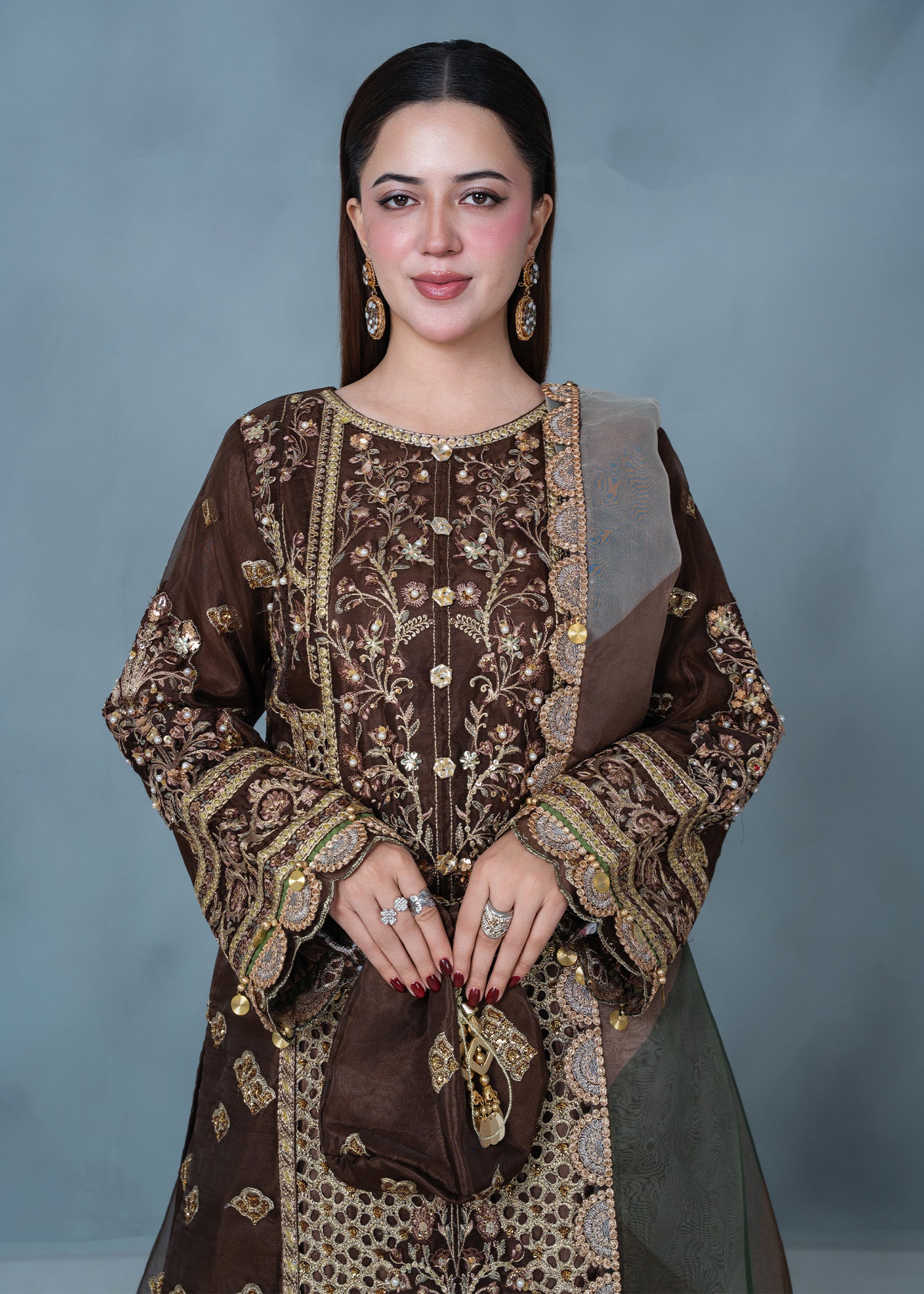 organza Lehenga in Brown