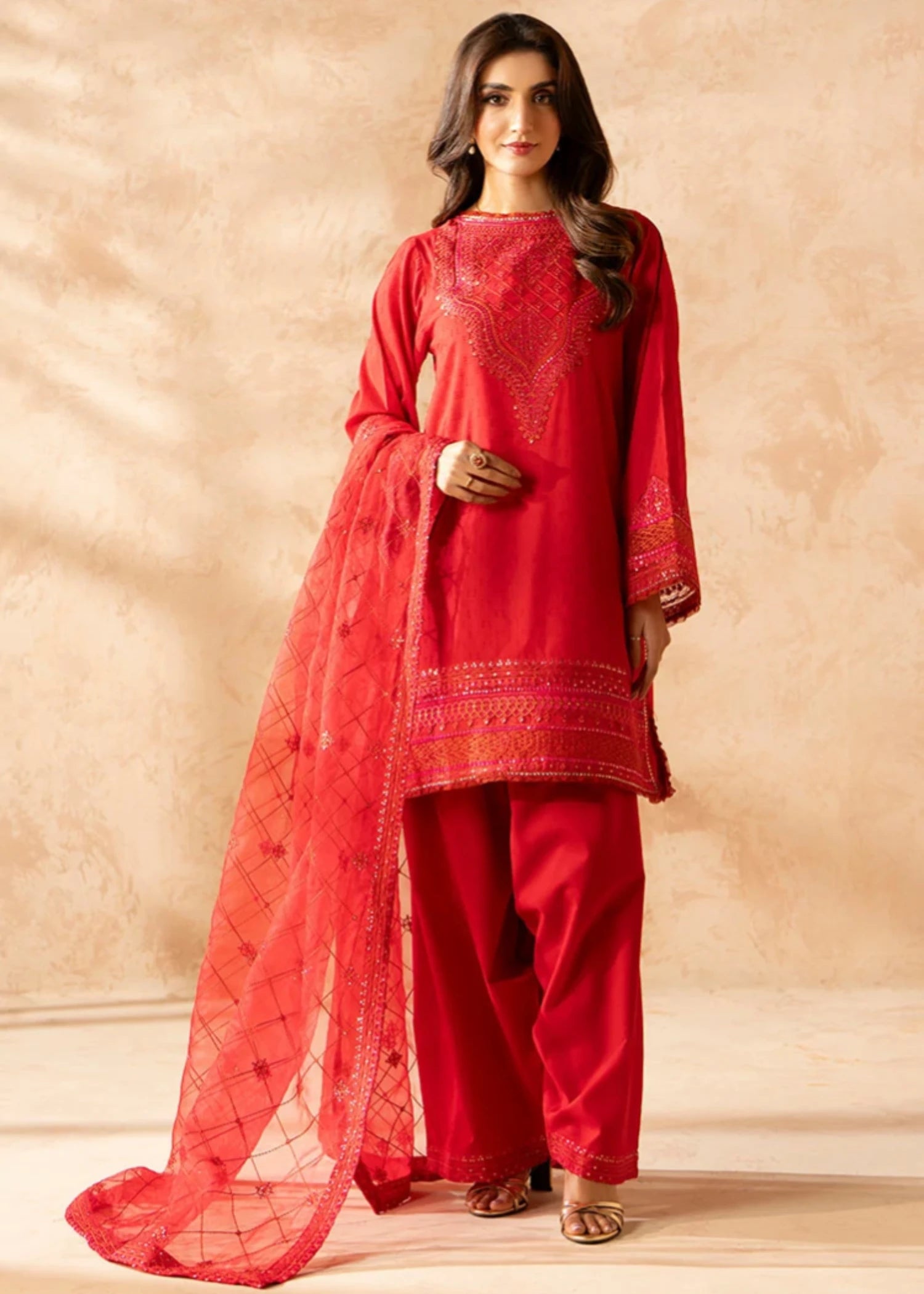 blended linen Kurta Set in Red