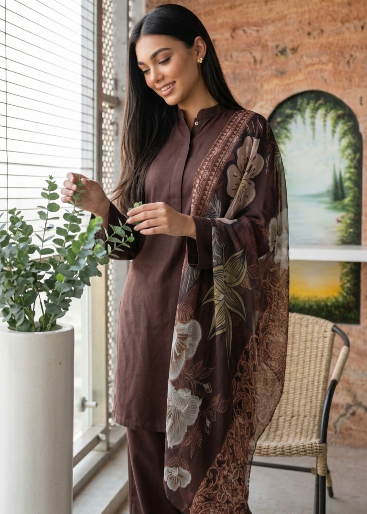 dhanak Kurta Set in Walnut brown