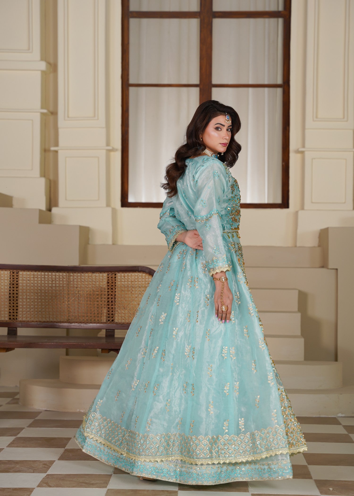 organza Lehenga in Turquoise, gold