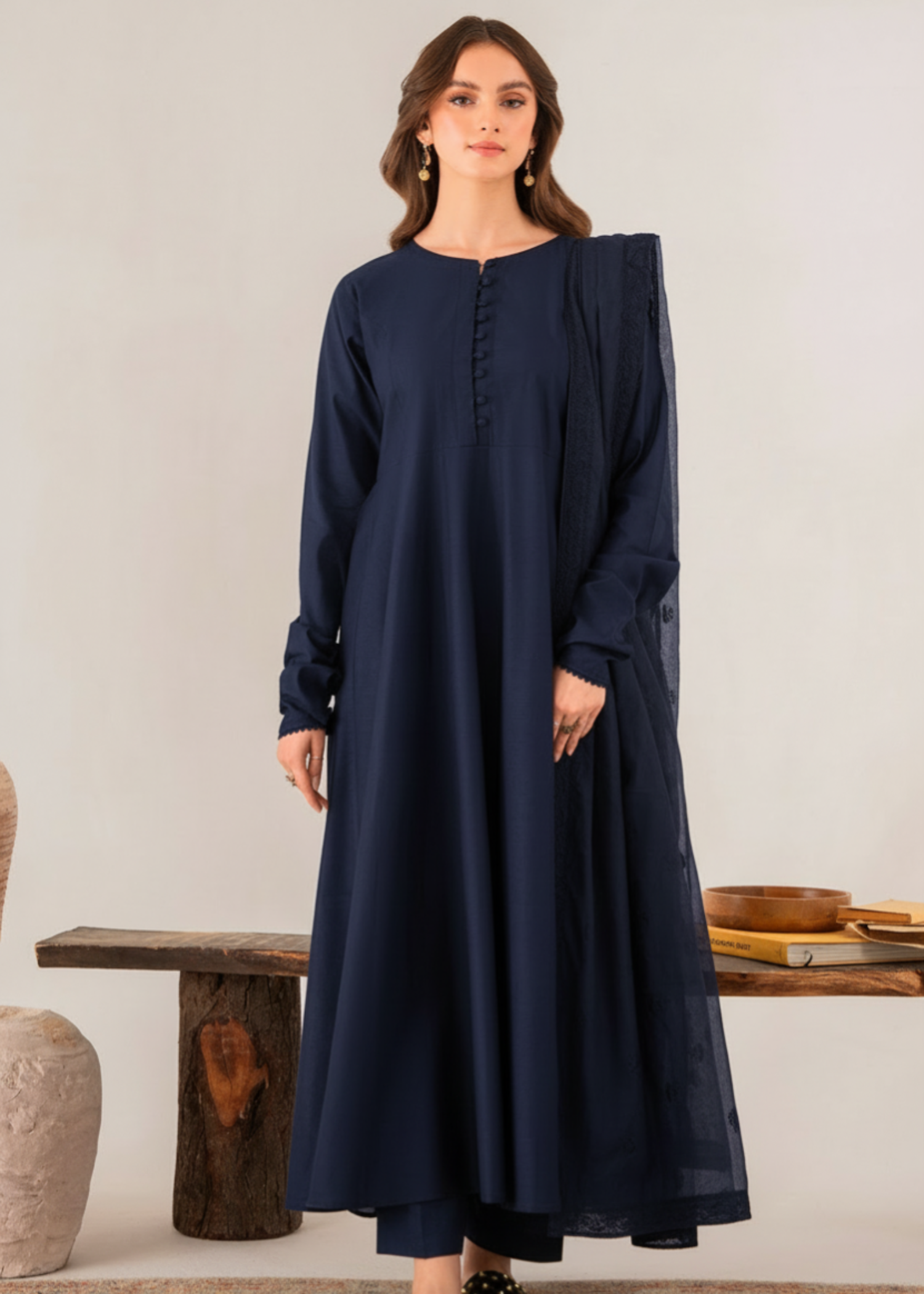 chambray Pishwas in Navy blue