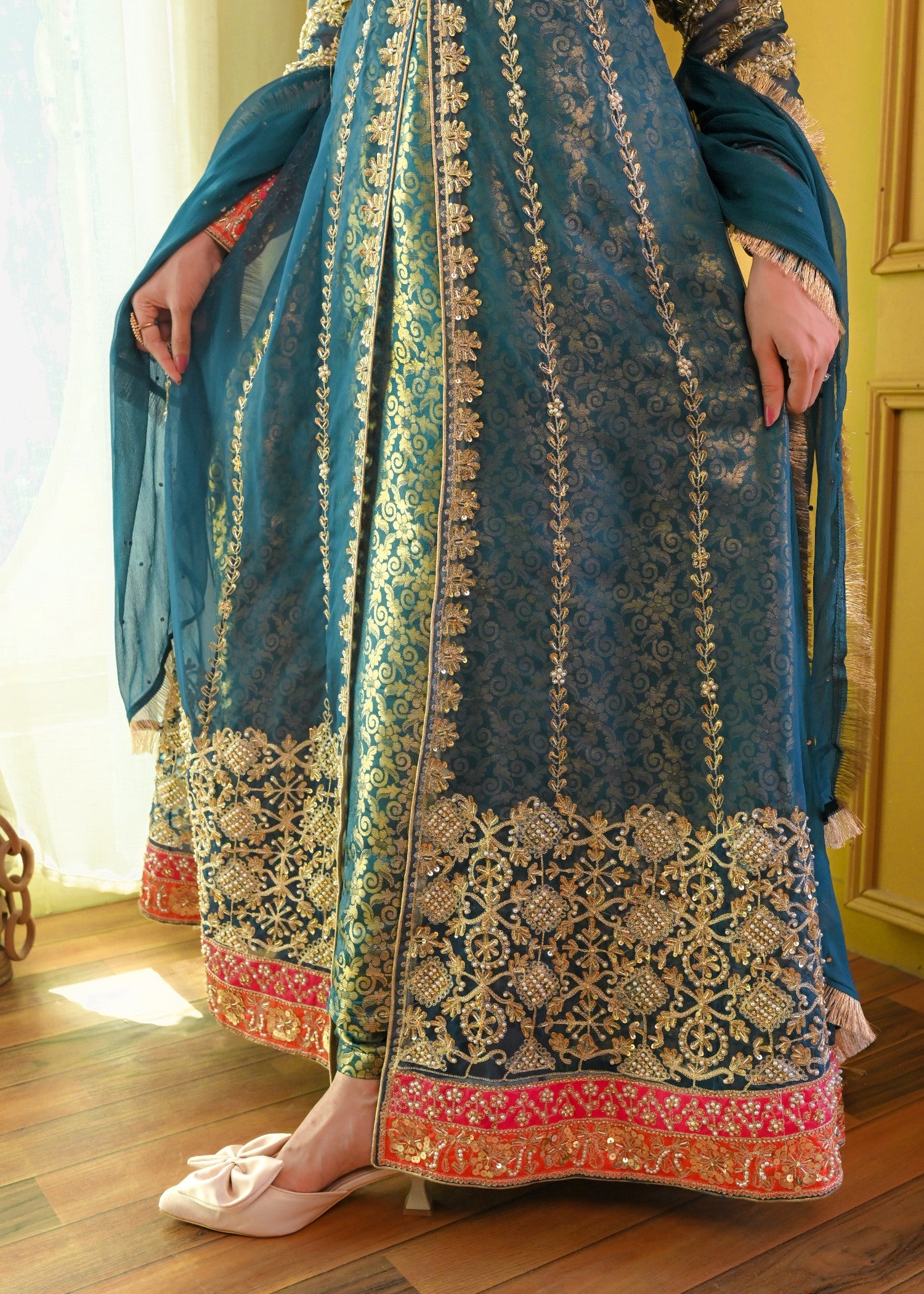 zari embroidered organza Pishwas in Teal