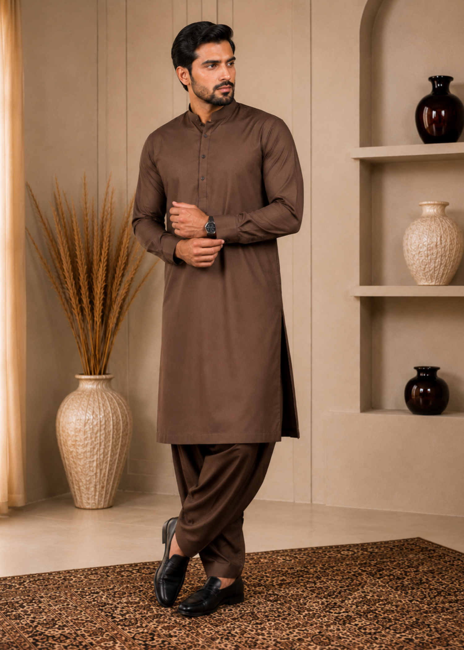 wash & wear Shalwar Kameez in Oak brown