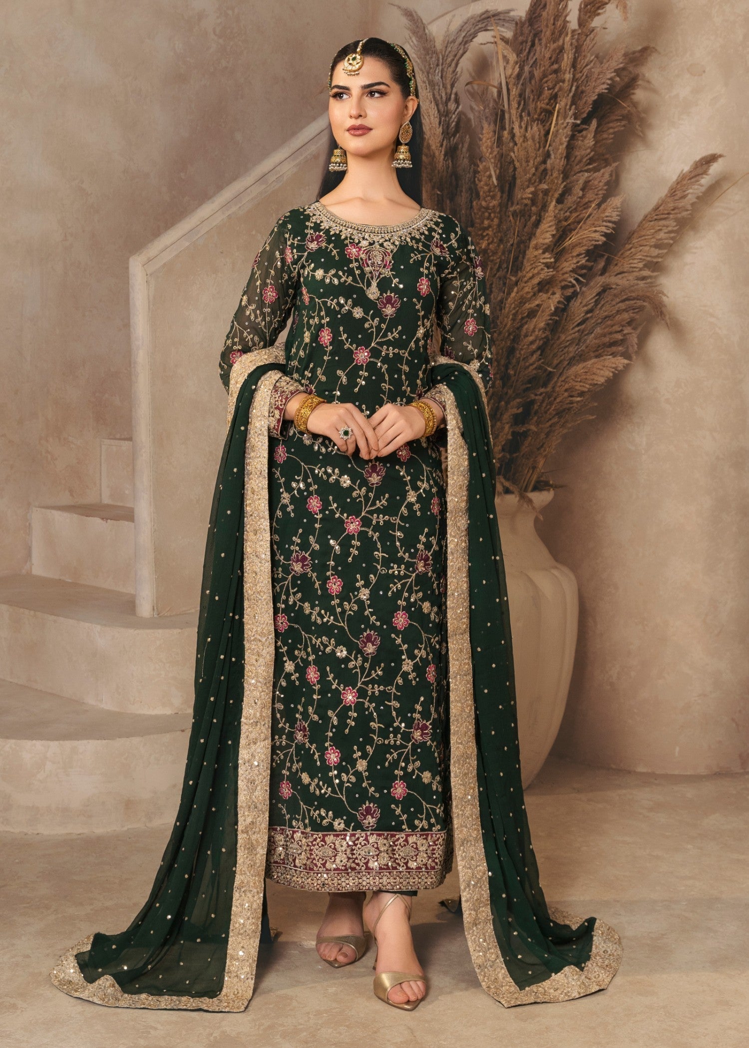 chiffon Kurta Set in Dark green