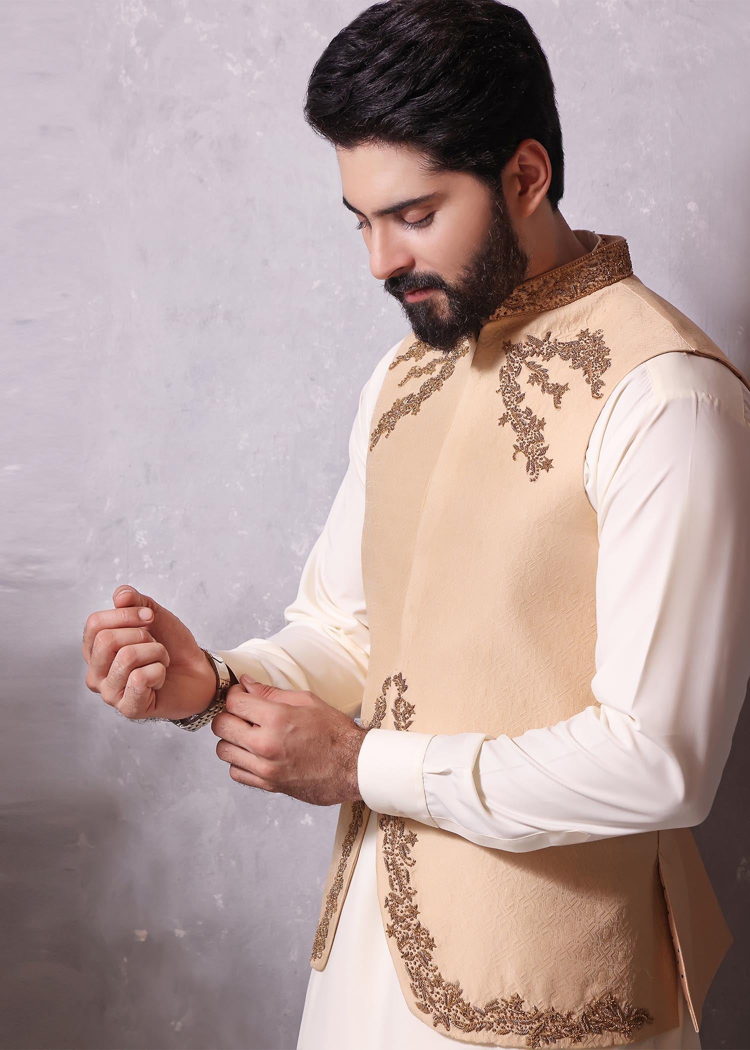 jamawar Waistcoat in Gold