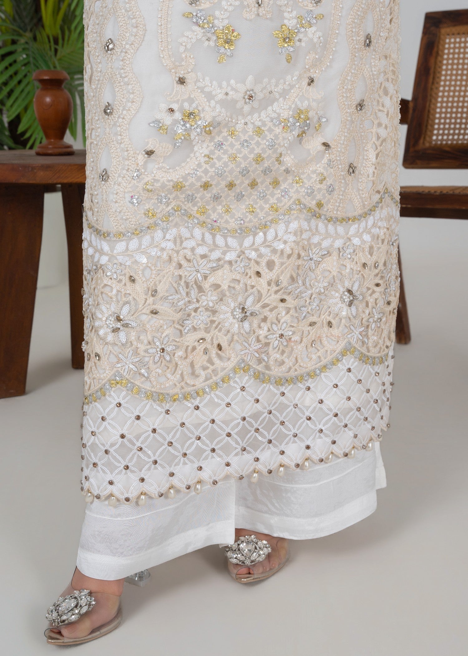 crinkle chiffon Kurta Set in Milk