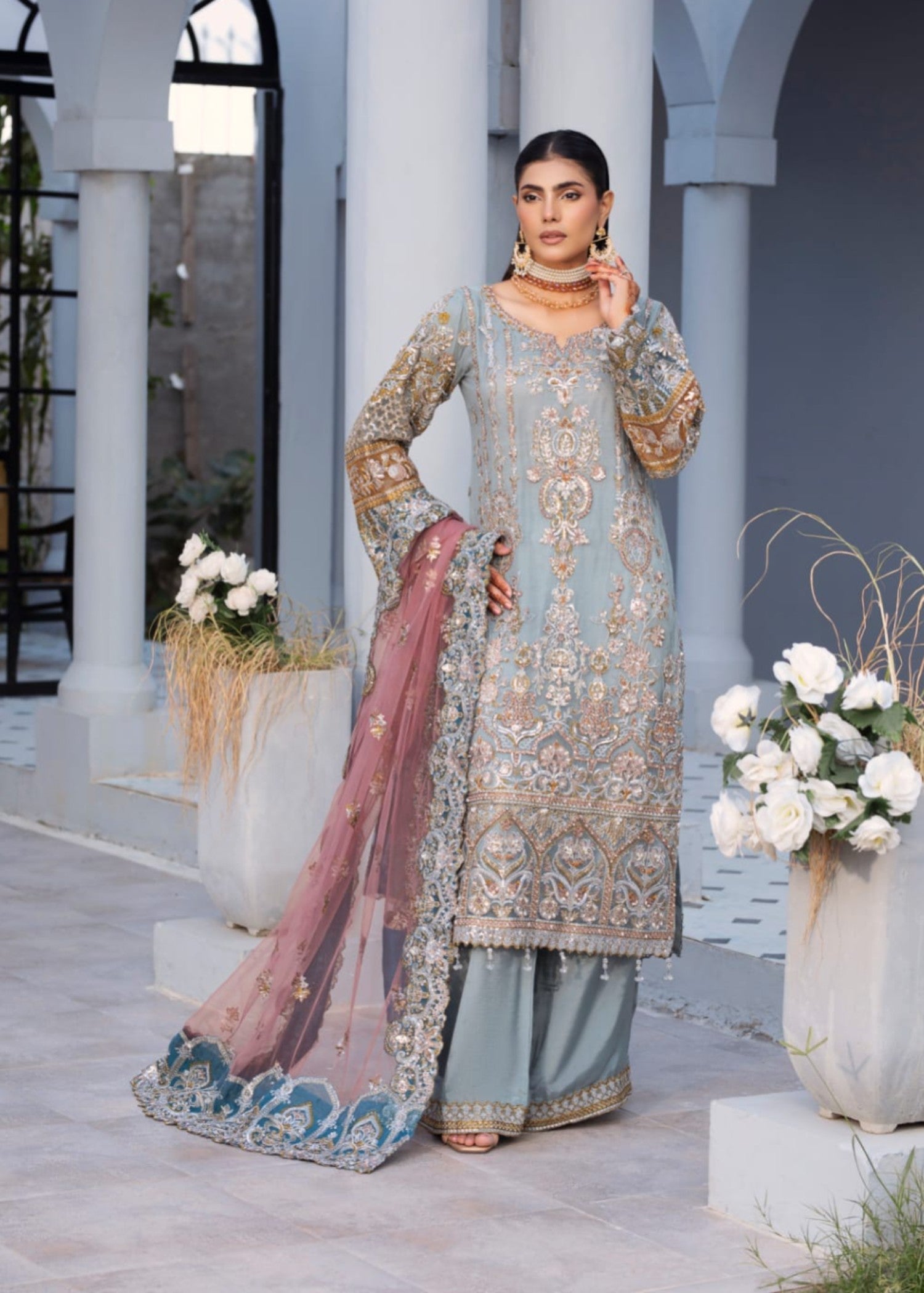 net Kurta Set in Slate grey