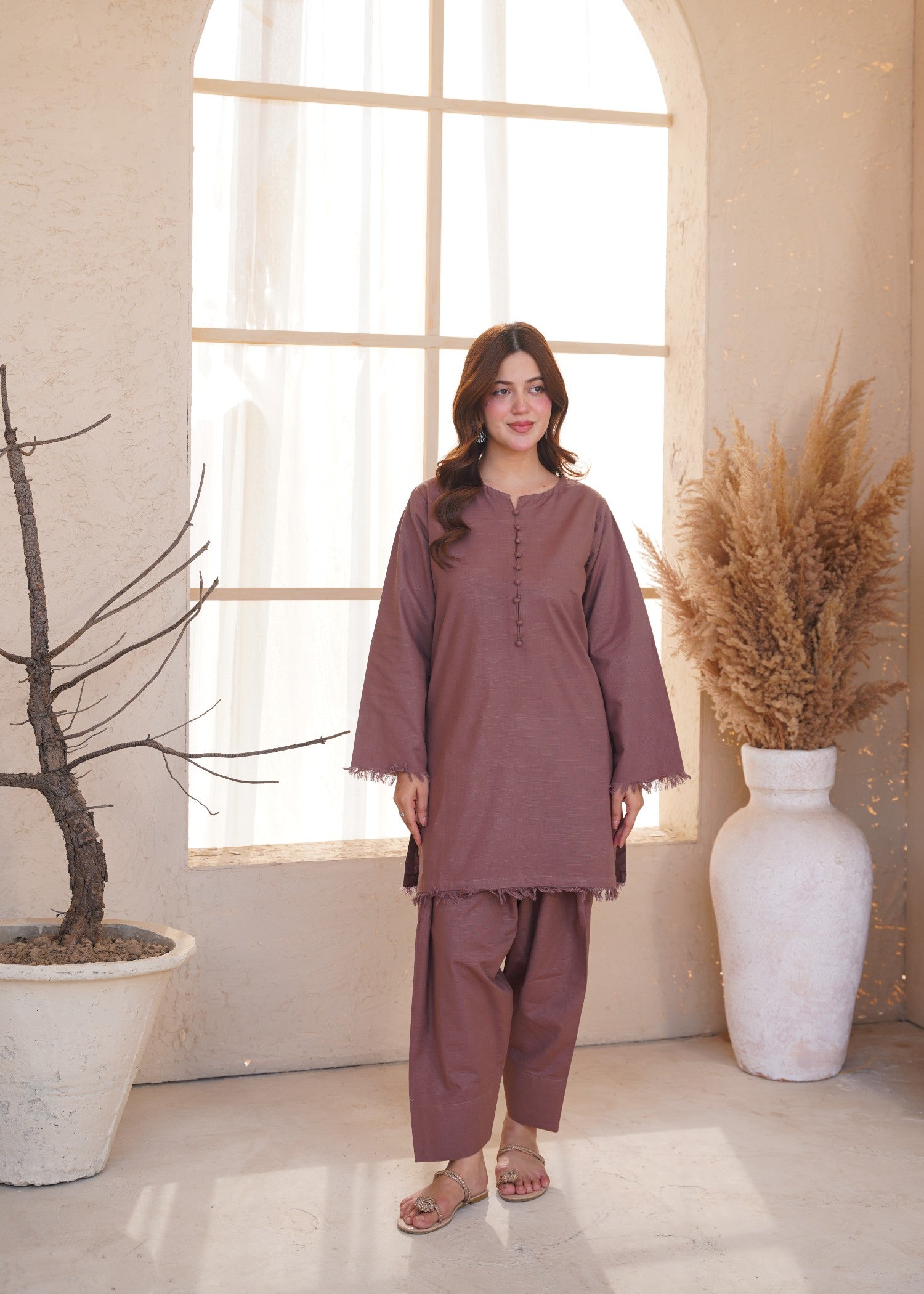 khaddar Kurta Set in Mauve pink