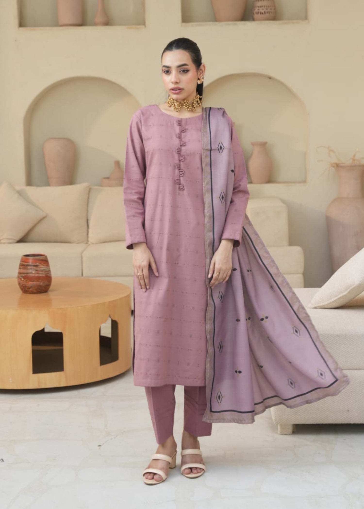 khaddar Kurta Set in Mauve pink