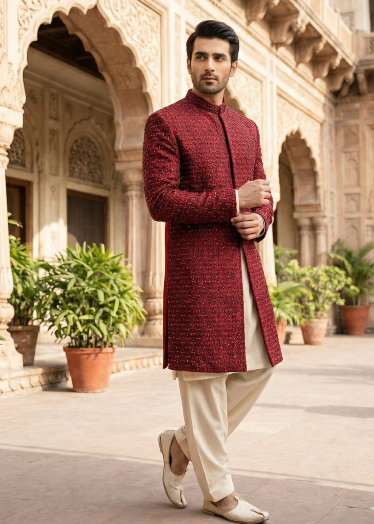 silk Sherwani in Red, black, maroon