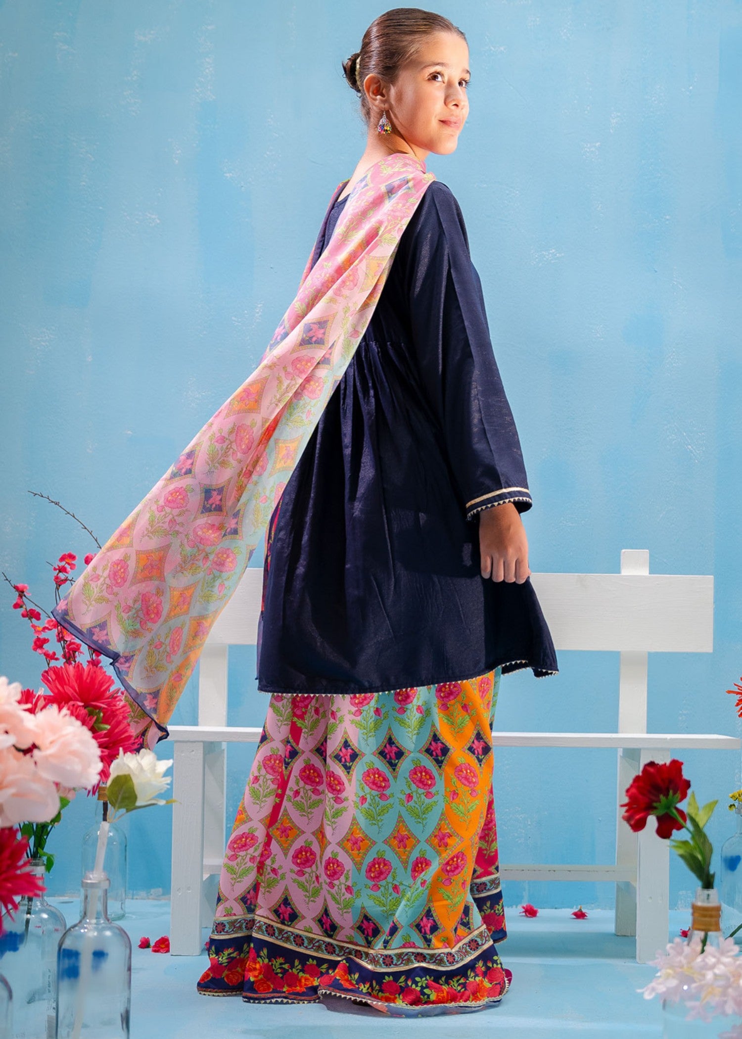 lawn Short Frock in Navy blue