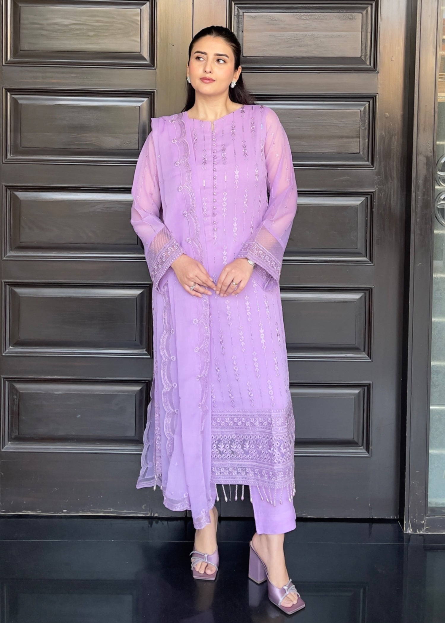 chiffon Kurta Set in Heathered lilac
