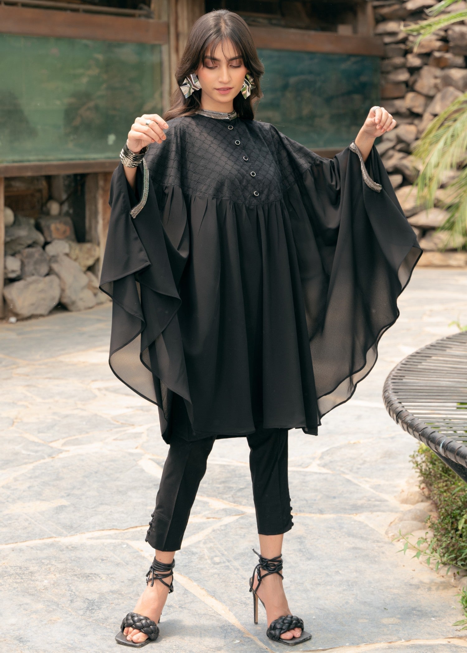 chikankari cotton Kaftan in Black