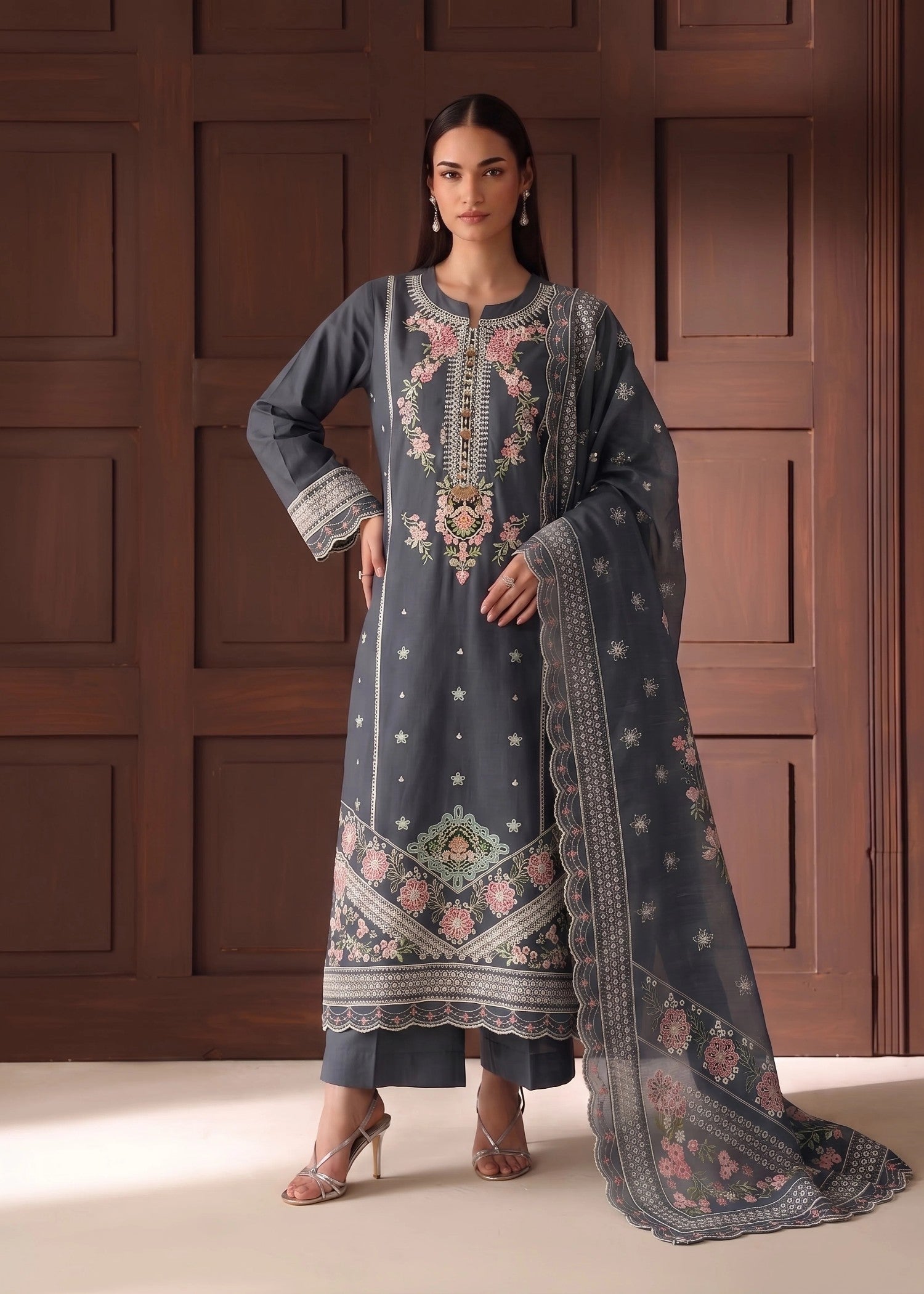 cotton linen Kurta Set in Slate grey