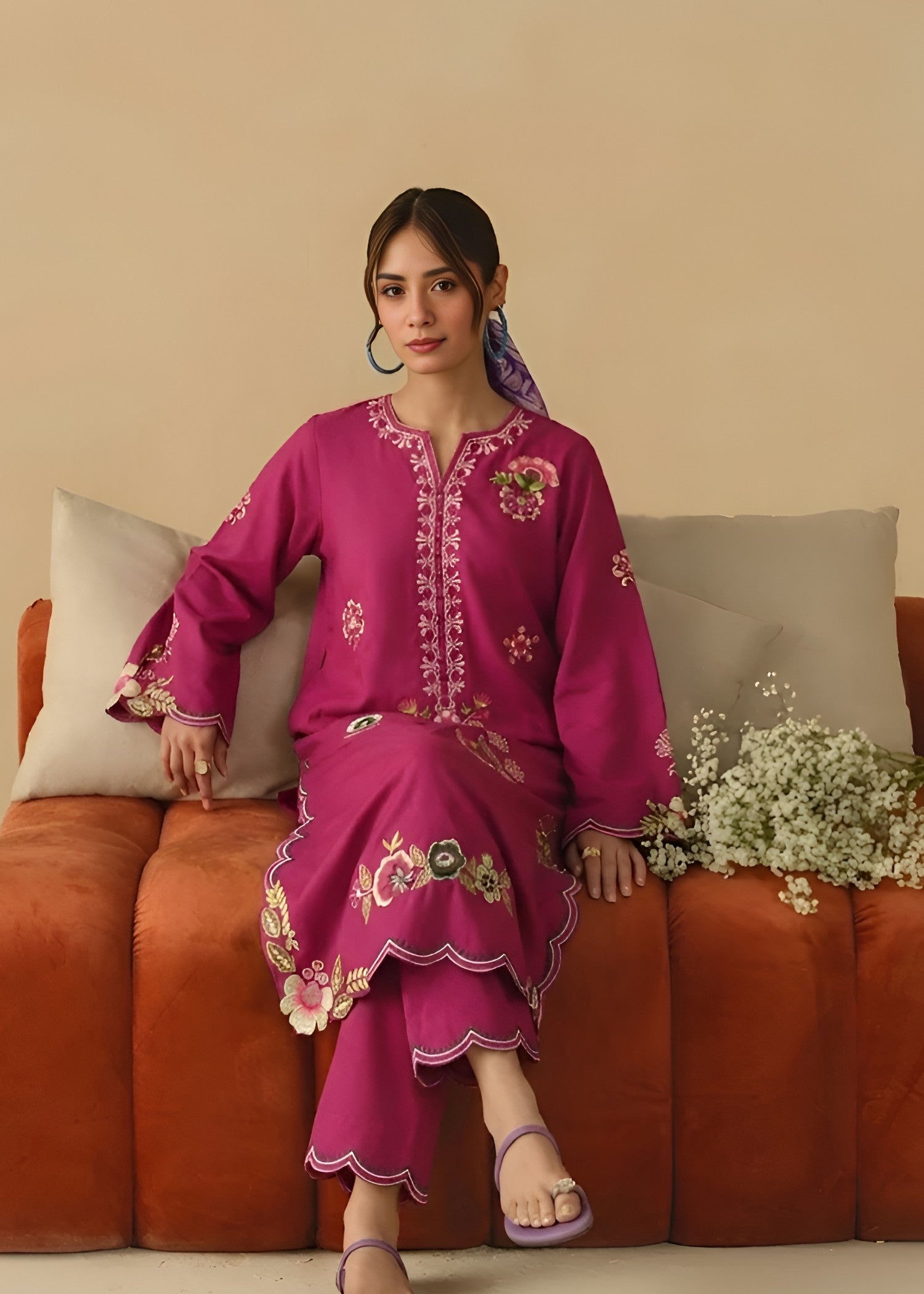 linen Kurta Set in Red violet