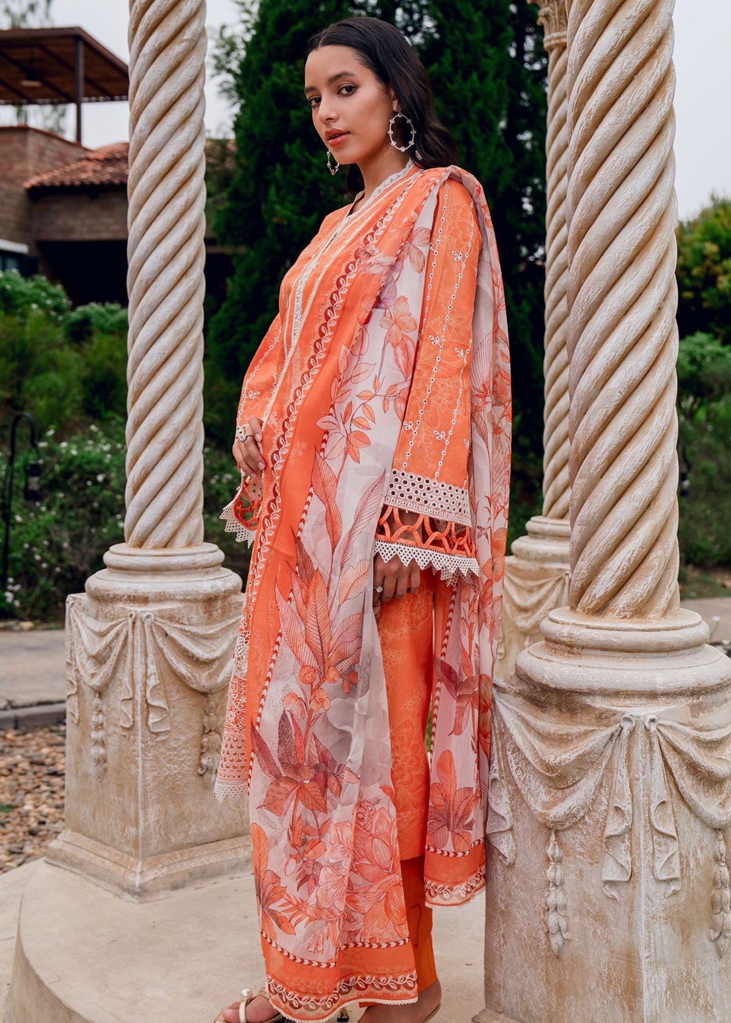 lawn Unstitched in Coral orange, lilac