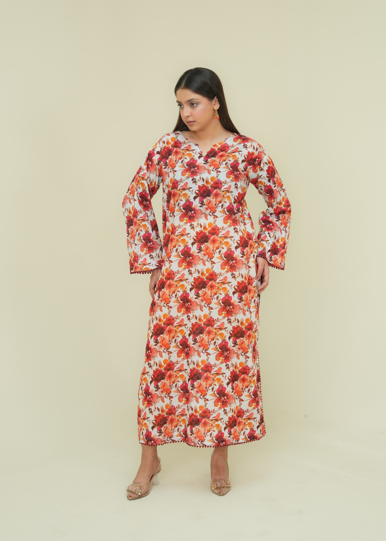 lawn Kaftan in Off-white, mari gold, rose red