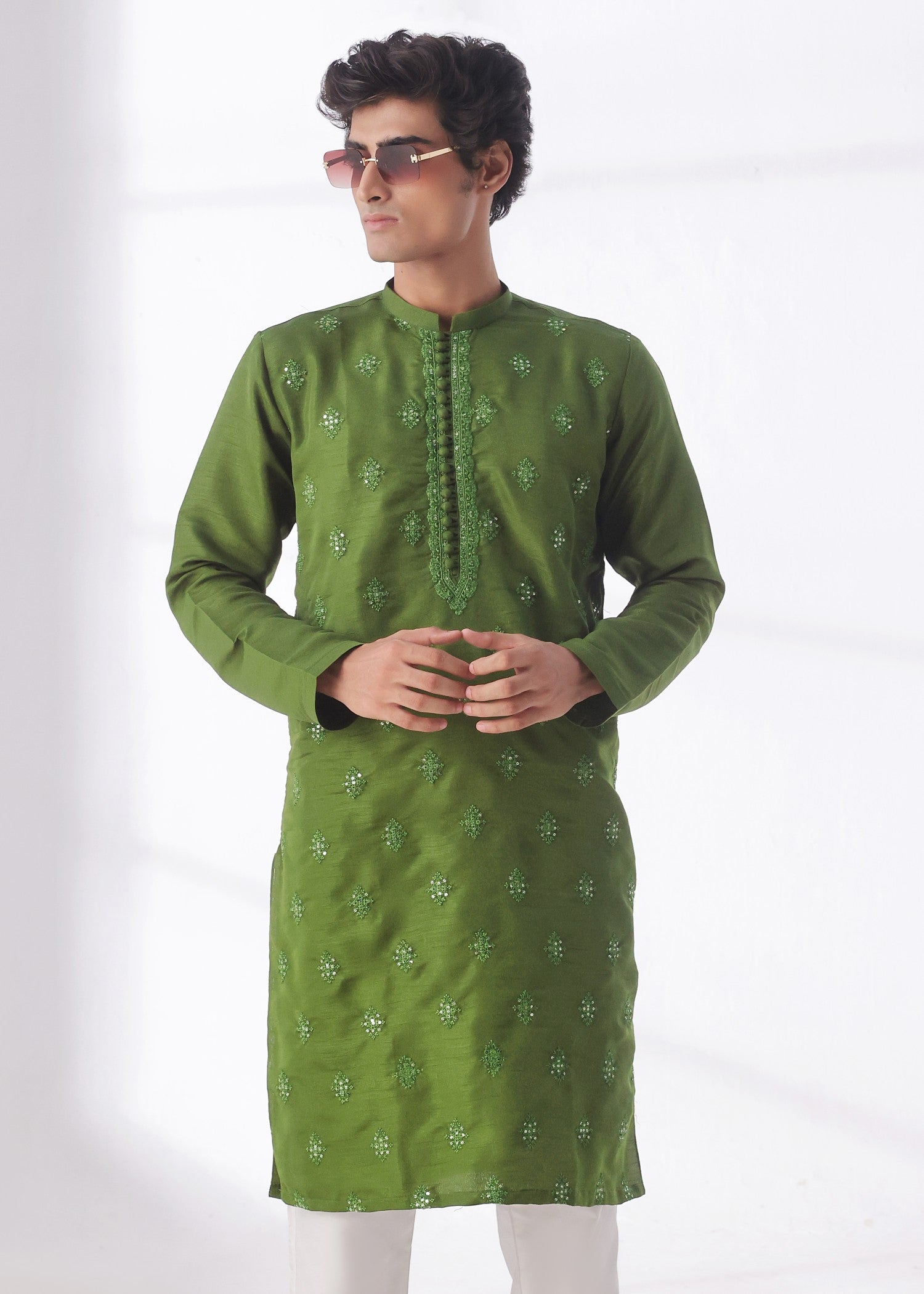 raw silk Kurta in Apple green