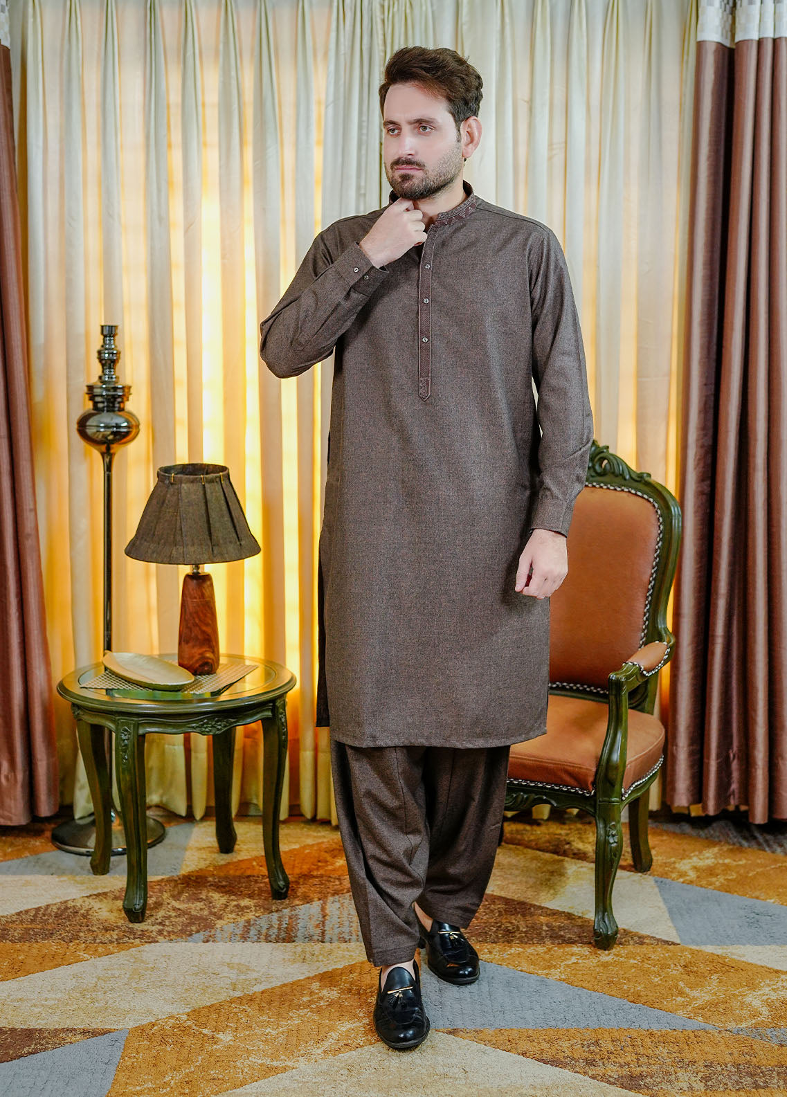 acrylic wool Shalwar Kameez in Walnut brown