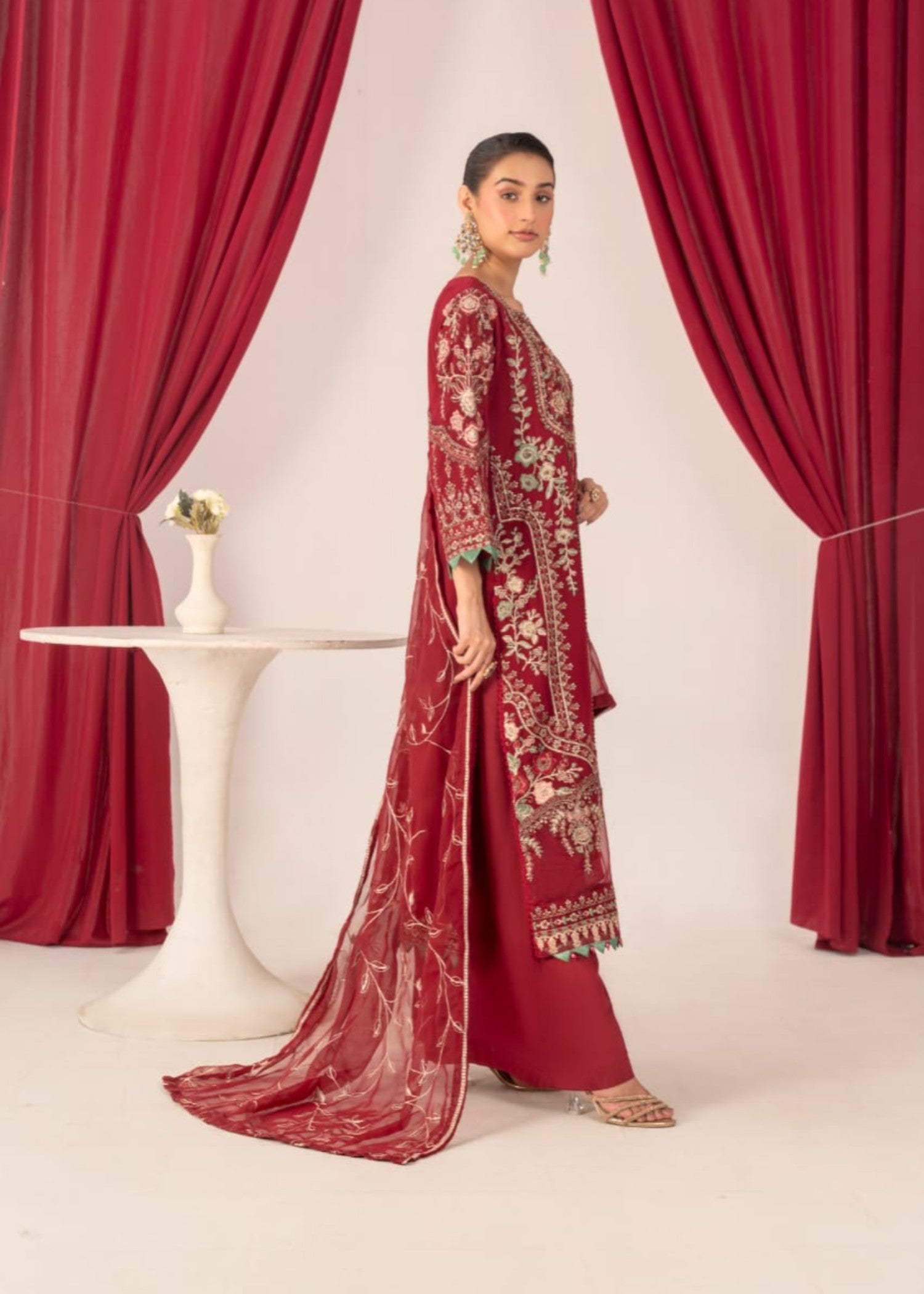 chiffon Kurta Set in Cherry red