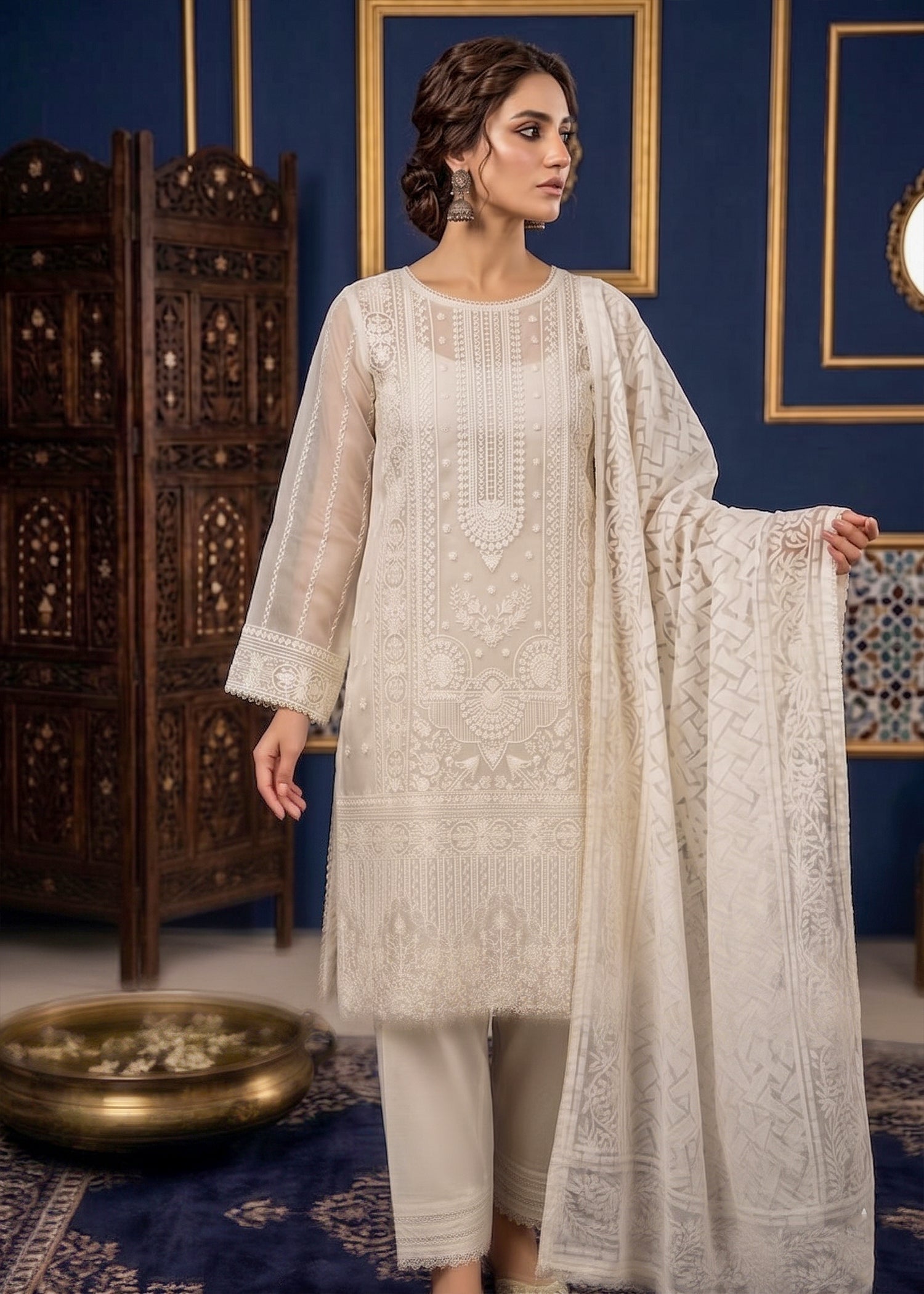 organza Kurta Set in White