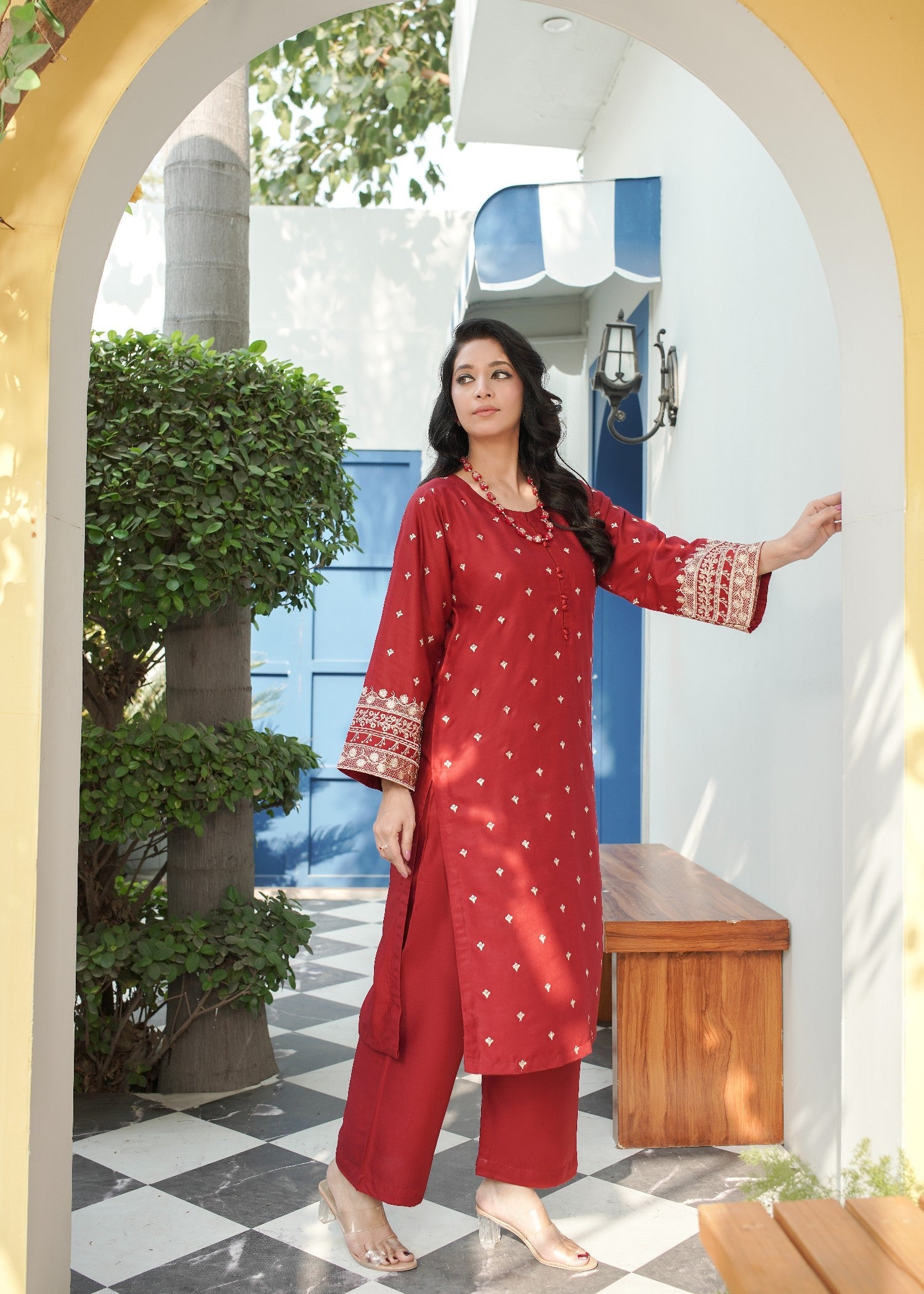 linen Kurta Set in Maroon