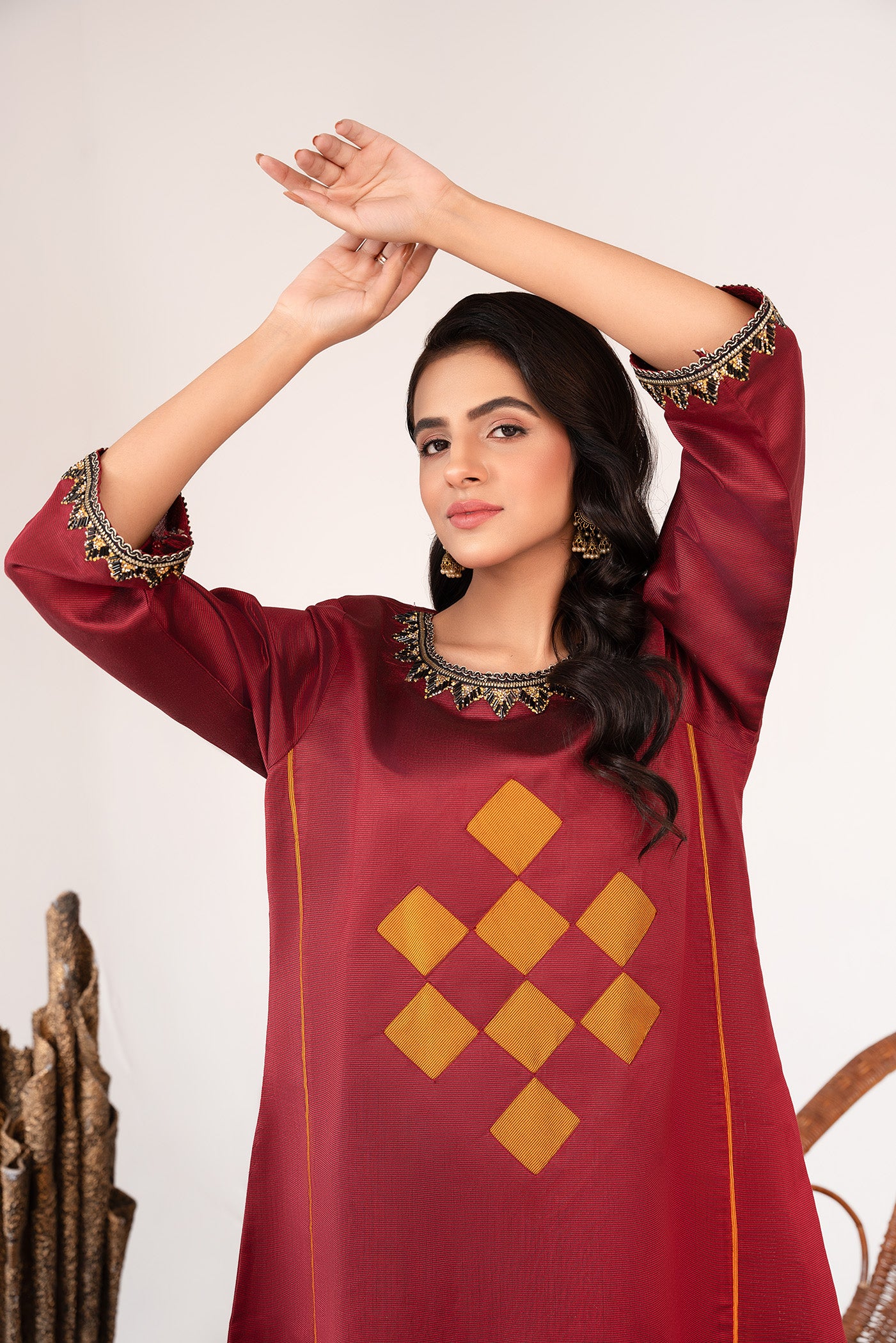 khaddi net Short Frock in Maroon