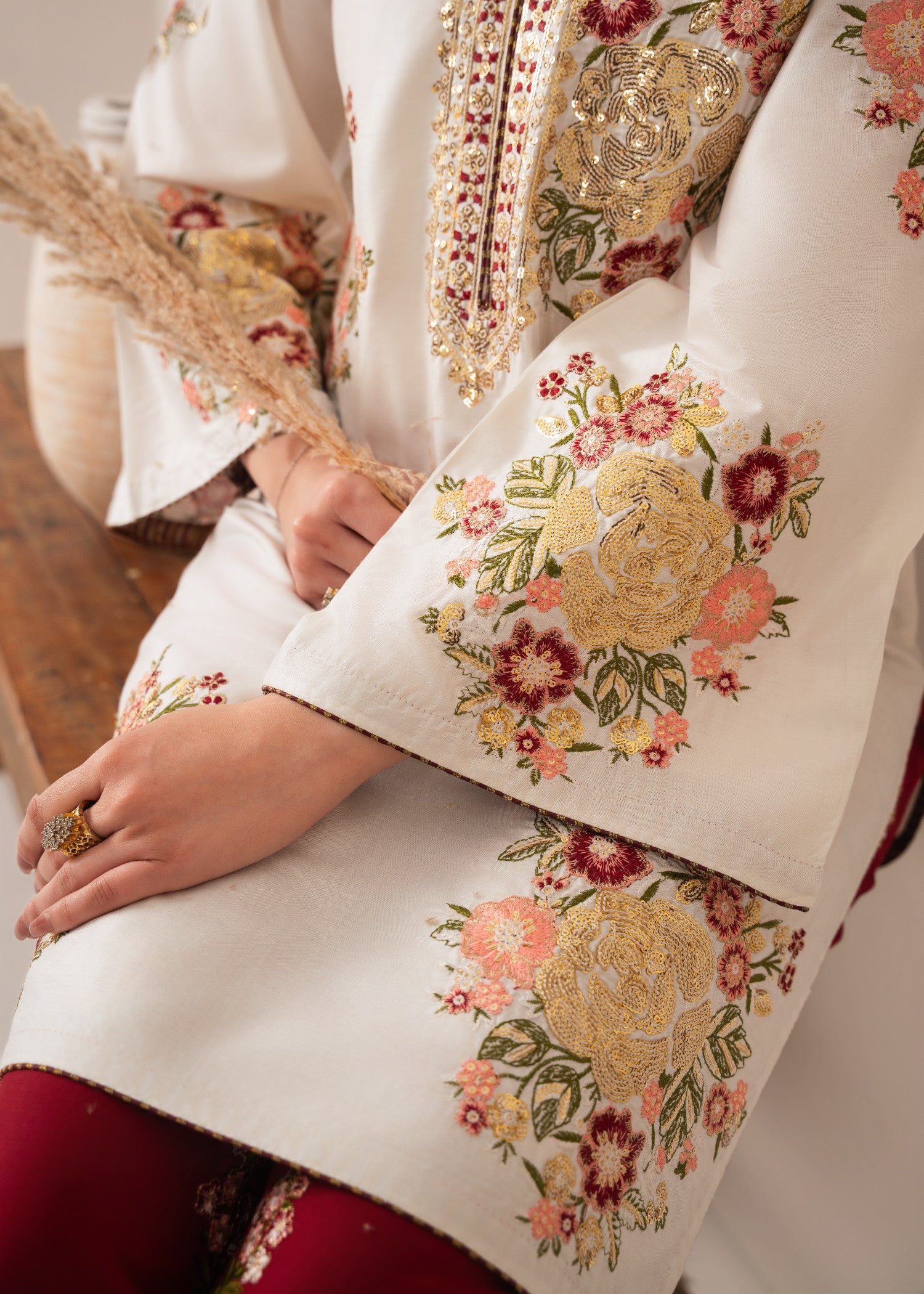 lawn Kurta Set in White, maroon