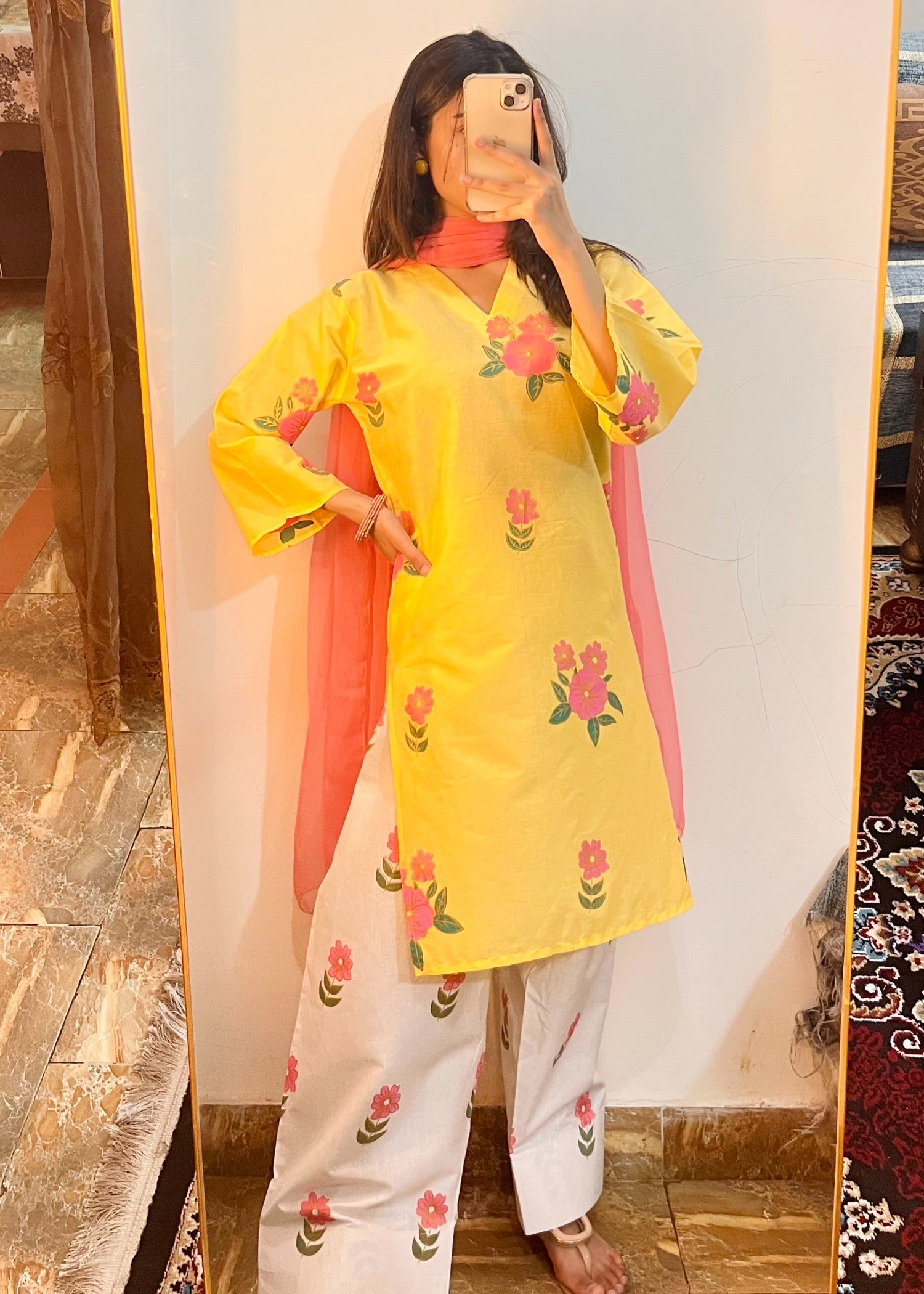 cotton Kurta Set in Lemon, white