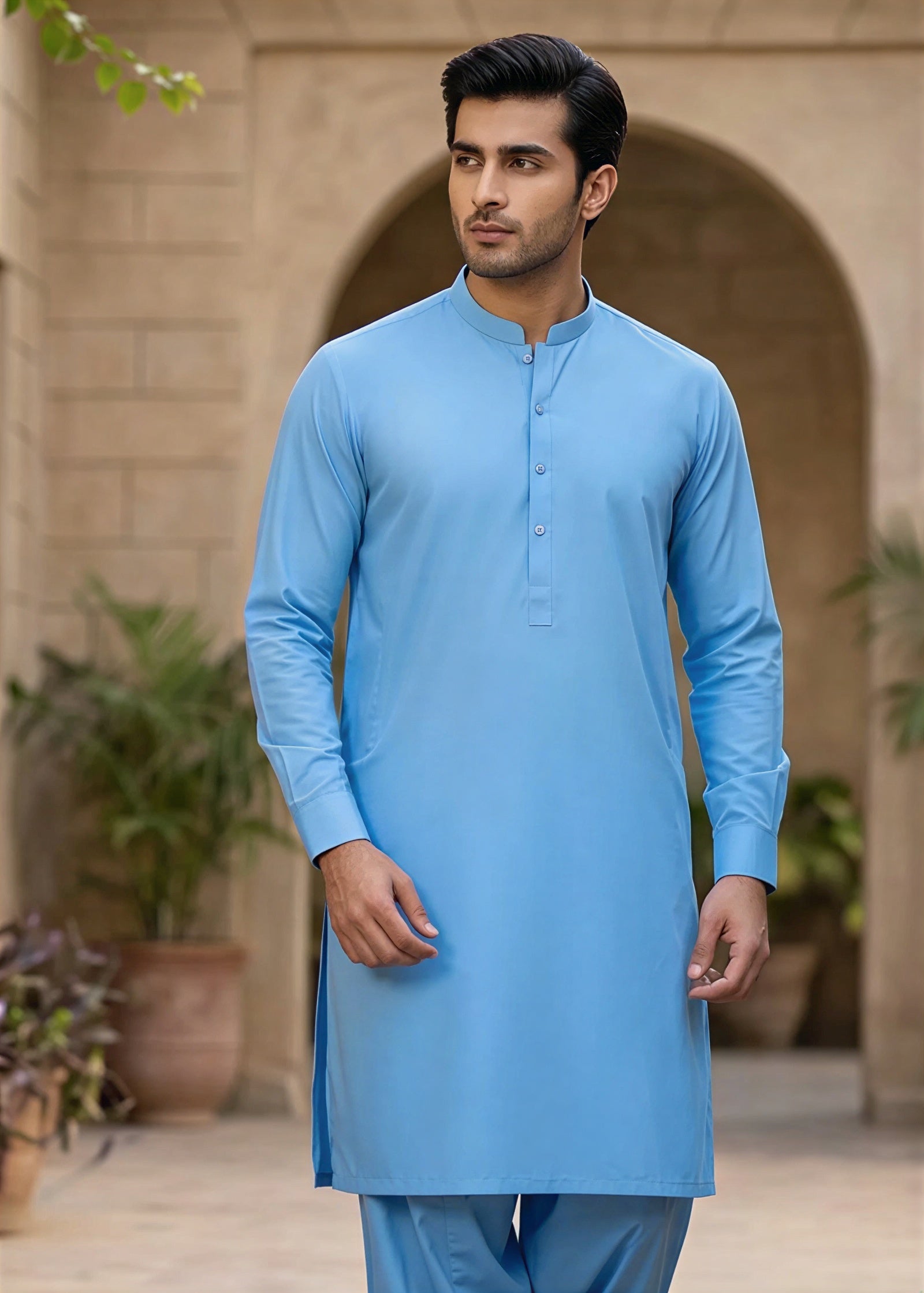 blend boski Shalwar Kameez in Sky blue by Waqar Mustafa