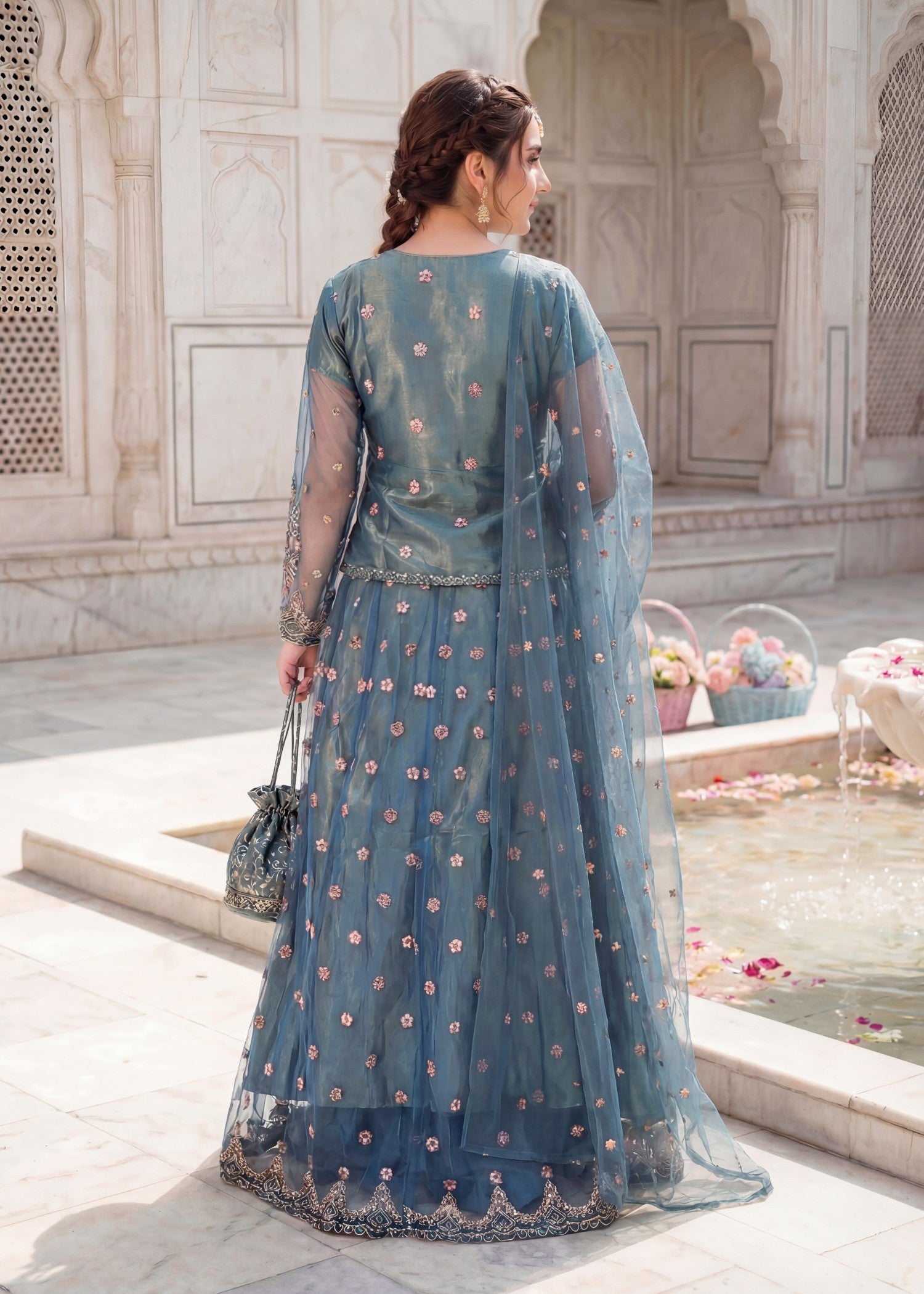 net Lehenga in Steel blue