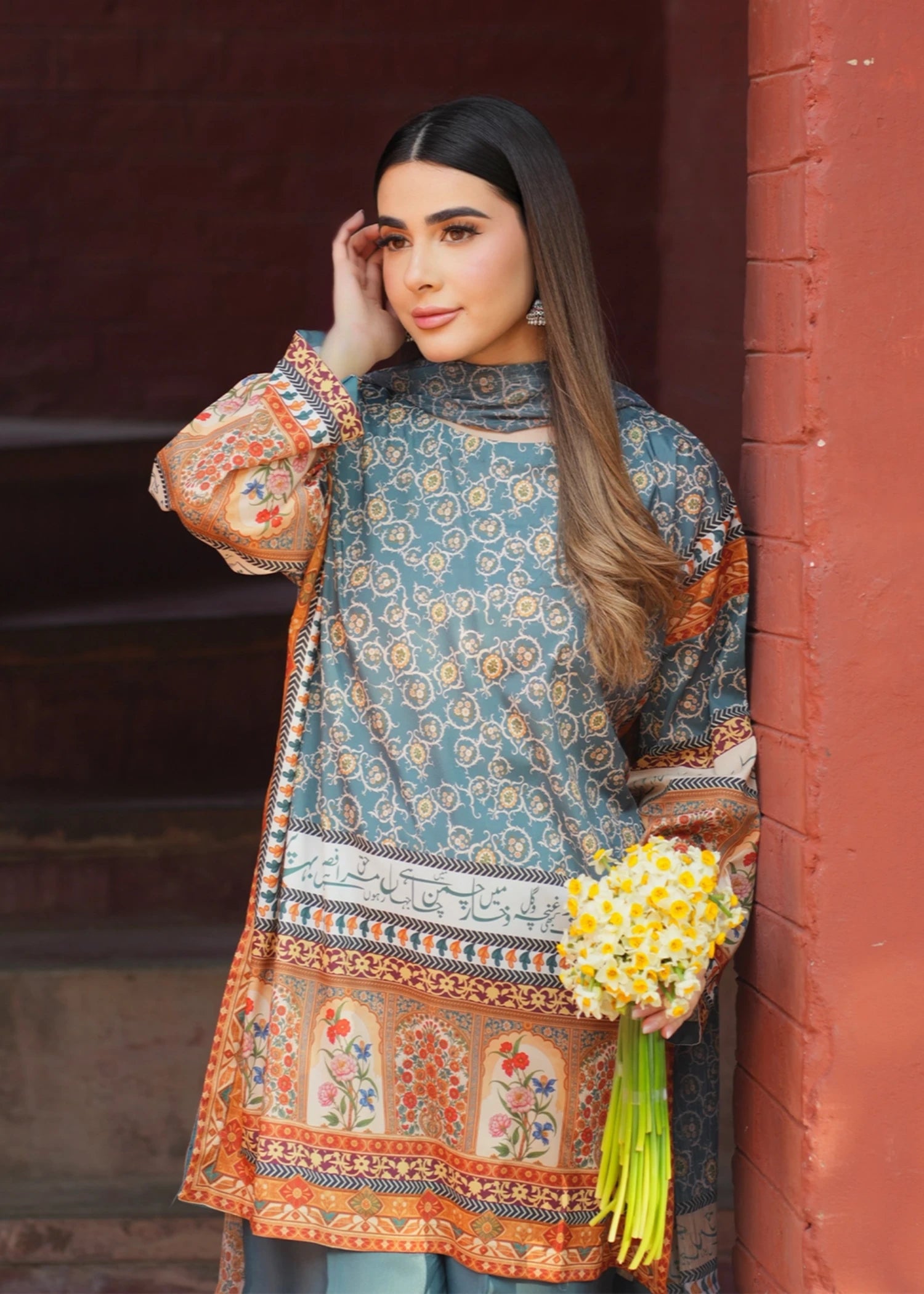 polyester crepe Kurta Set in Steel teal